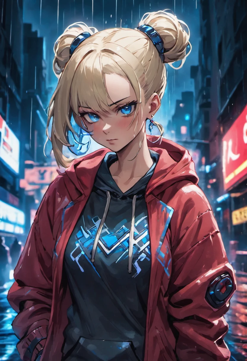 close up photograph, Confident young cyberpunk abs woman,blonde with blue eyes,Gray hair bun, Wear a hoodie with a red and blue pattern, On the streets soaked with rain at night, Photorealistic, Cinematic lighting