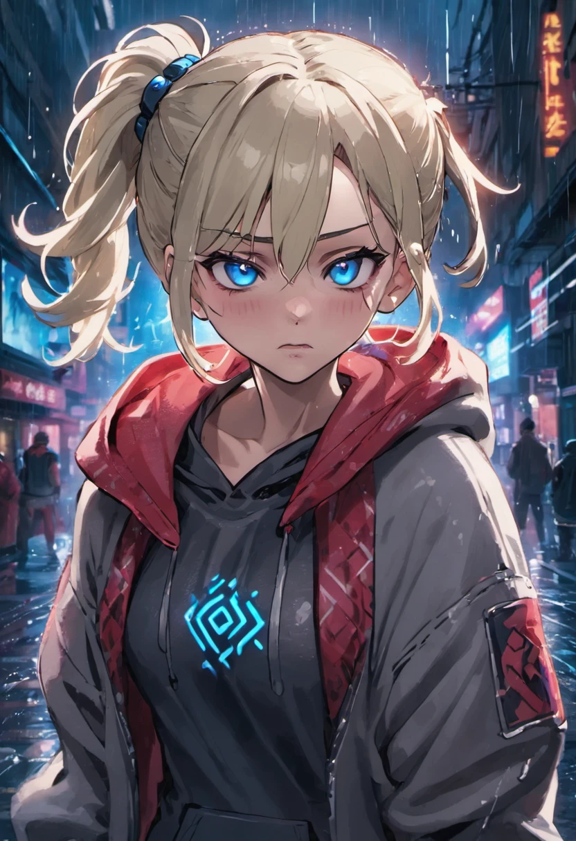 close up photograph, Confident young cyberpunk abs woman,blonde with blue eyes,Gray hair bun, Wear a hoodie with a red and blue pattern, On the streets soaked with rain at night, Photorealistic, Cinematic lighting
