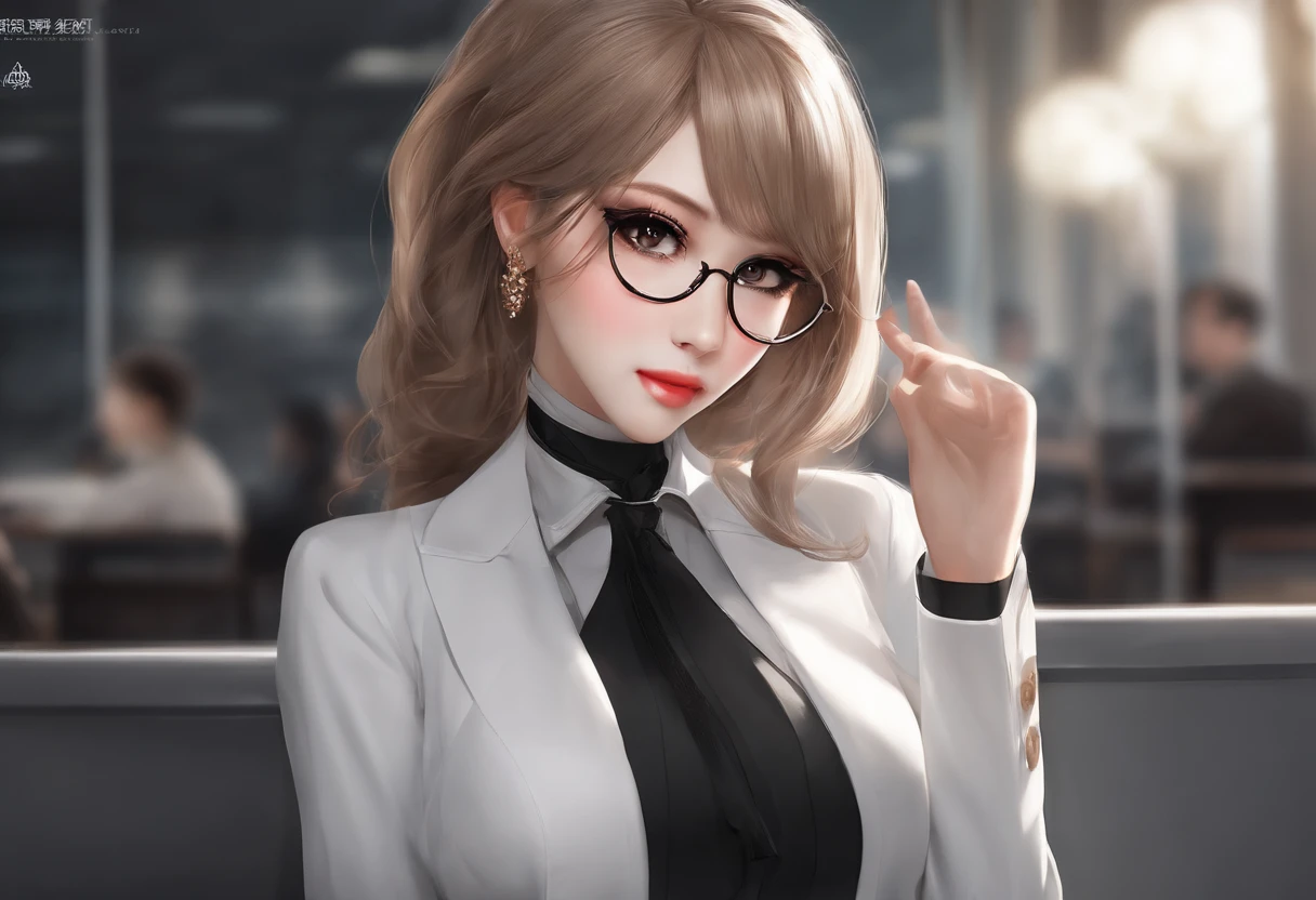 super high image, super detail, super high resolution, perfect beautiful woman, Single horsetail, cabelos preto e longos, sparkling big eyes, glasses, alluring moist big thin lips, amorous expression, lewd expression, perfect proportion, slender, (Black and white suit, shirt, jacket, tight skirt, pantyhose), camel toe:1.8,standing proudly in front of the blackboard, classroom, professional lighting，thin gap:1.8,