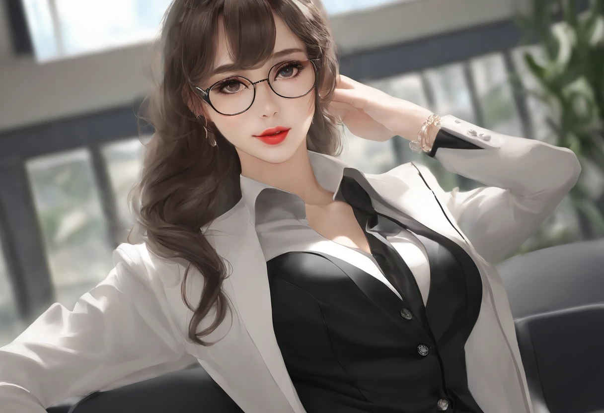 super high image, super detail, super high resolution, perfect beautiful woman, Single horsetail, cabelos preto e longos, sparkling big eyes, glasses, alluring moist big thin lips, amorous expression, lewd expression, perfect proportion, slender, (Black and white suit, shirt, jacket, tight skirt, pantyhose), camel toe:1.8,standing proudly in front of the blackboard, classroom, professional lighting，thin gap:1.8,