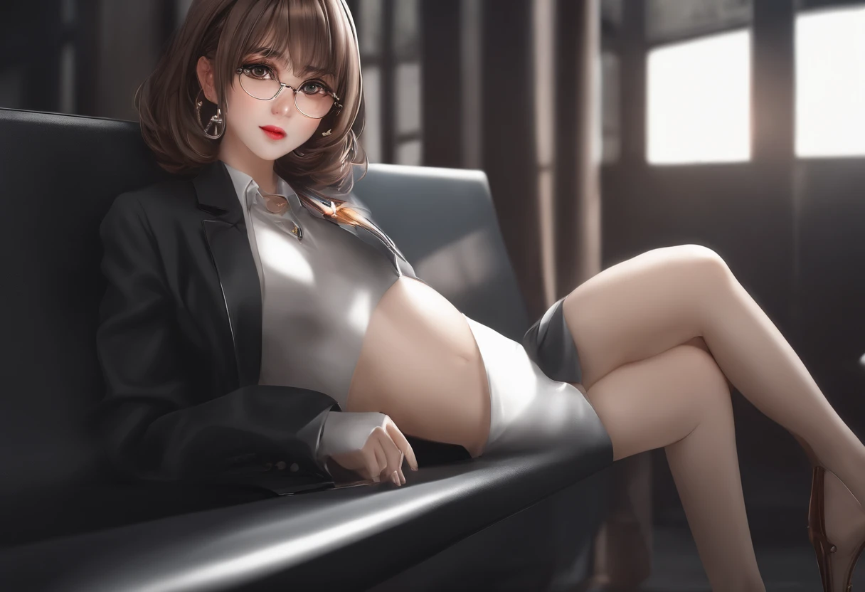 super high image, super detail, super high resolution, perfect beautiful woman, Single horsetail, cabelos preto e longos, sparkling big eyes, glasses, alluring moist big thin lips, amorous expression, lewd expression, perfect proportion, slender, (Black and white suit, shirt, jacket, tight skirt, pantyhose), camel toe:1.8,standing proudly in front of the blackboard, classroom, professional lighting，thin gap:1.8,