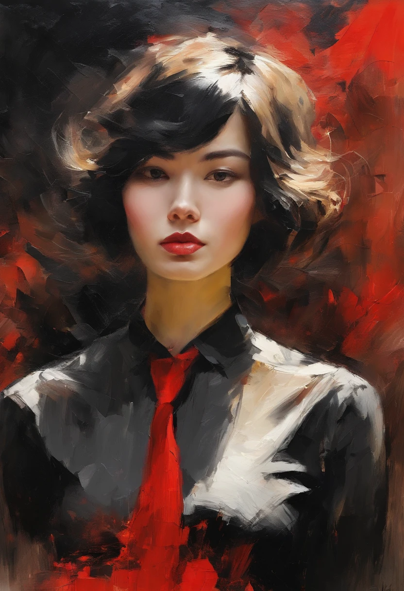(Red shirt, black necktie), Short Hair Hair, black hair, very detail, ((tmasterpiece, great quality)), a 1girl, 独奏, close up face, bust,