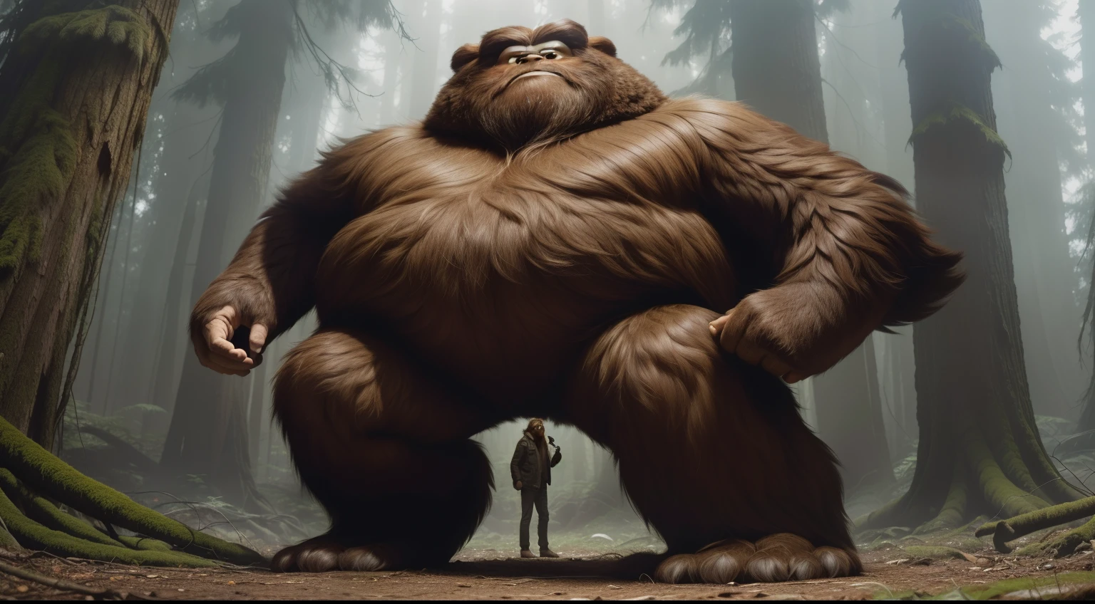 Bigfoot standing in a dense forest , stunning sasquatch, ( sasquatch, sasquatch, bigfoot, photoreal”, patricia piccinini, Bigfoot with brown fur, furry creatures, big foot, by Martin Schoeller, wookie, inspired by Martin Schoeller, anthropomorphic Bigfoot, covered in matted fur