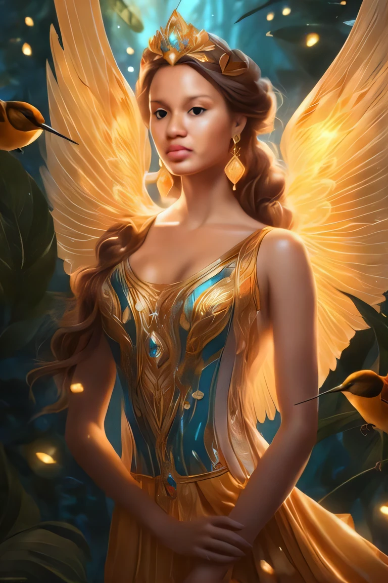 uma mulher em um vestido com asas e um zumbido ao fundo, com asas douradas ardentes, Artgerm Julie Bell Beeple, bela arte de fantasia, Graphic artist Magali Villeneuve, arte de fantasia muito bonita, pintura de personagem bonita, inspirado em Magali Villeneuve, Estilo Ivan Talavera e Artgerm, retrato bonito da arte da fantasia