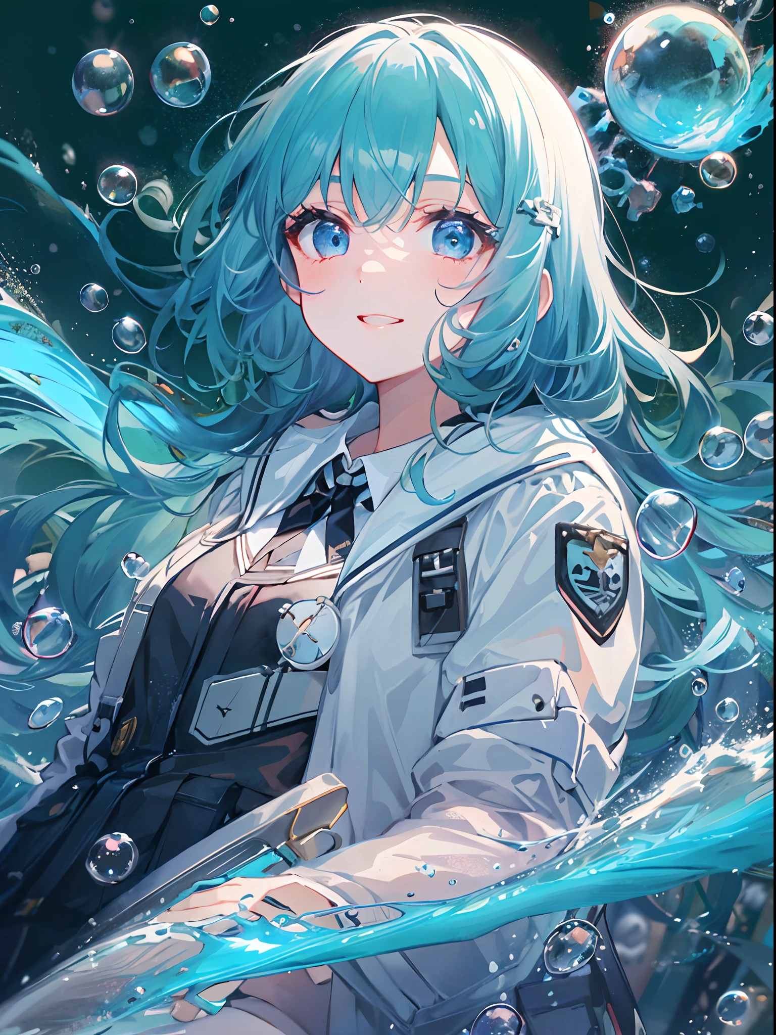 ((top-quality)), ((masterpiece)), ((ultra-detailliert)), (extremely delicate and beautiful), girl with, 独奏, cold attitude,((Black jacket)),She is very(relax)with the(Settled down)Looks,A dark-haired, depth of fields,evil smile,Bubble, under the water, Air bubble,bright light blue eyes,Inner color with black hair and light blue tips,Cold background,Bob Hair - Linear Art, shortpants、knee high socks、White uniform like school uniform、Light blue ribbon ties、Clothes are sheer、Hands in pockets