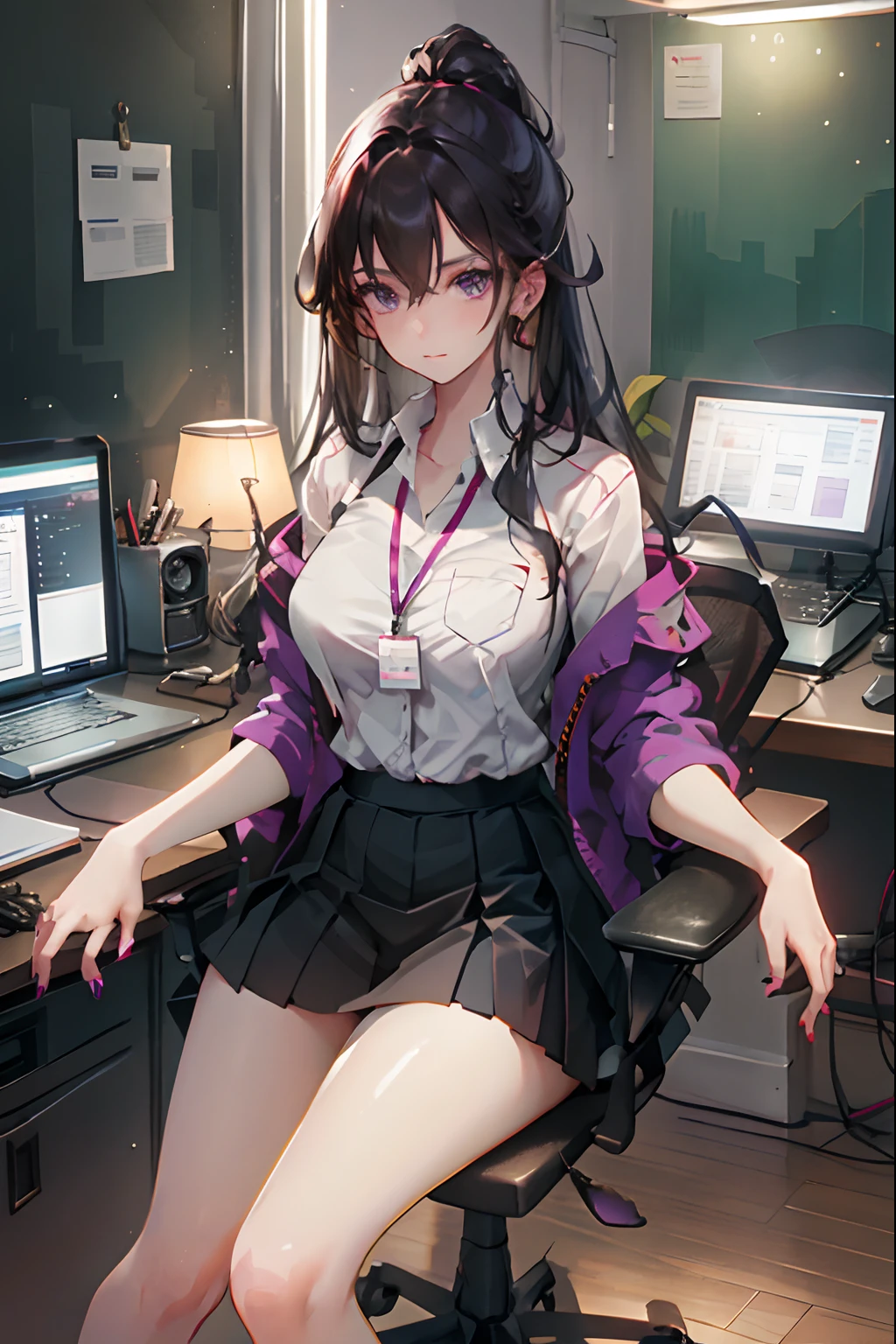 boa hancock, 1girll, Solo, ((White shirt)), black thighhigns, Breasts, cleavage, uniform, office backdrop, Black skirt, Pleated skirt, Office, hair between eye, Large breasts, Long hair, view the viewer, Black hair, red short nails, Purple eyes, Solo, upper legs, Thighs, Very long hair, ((Masterpiece)), Sitting, chair, desk, Computer on desk, name tag, id tag, indoor, golden earing, short- sleeved, office shirt top,