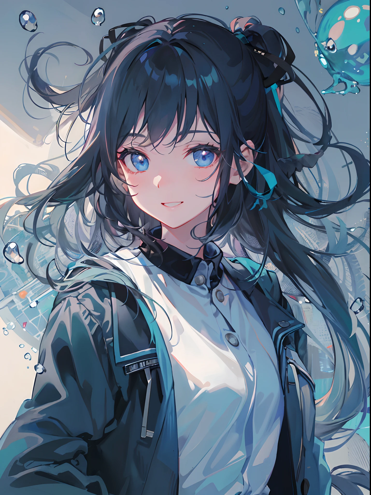 ((top-quality)), ((masterpiece)), ((ultra-detailliert)), (extremely delicate and beautiful), girl with, 独奏, cold attitude,((Black jacket)),She is very(relax)with the(Settled down)Looks,A dark-haired, depth of fields,evil smile,Bubble, under the water, Air bubble,bright light blue eyes,Inner color with black hair and light blue tips,Cold background,Bob Hair - Linear Art, shortpants、knee high socks、White uniform like school uniform、Light blue ribbon ties、Clothes are sheer、Hands in pockets、Ponytail hair、
