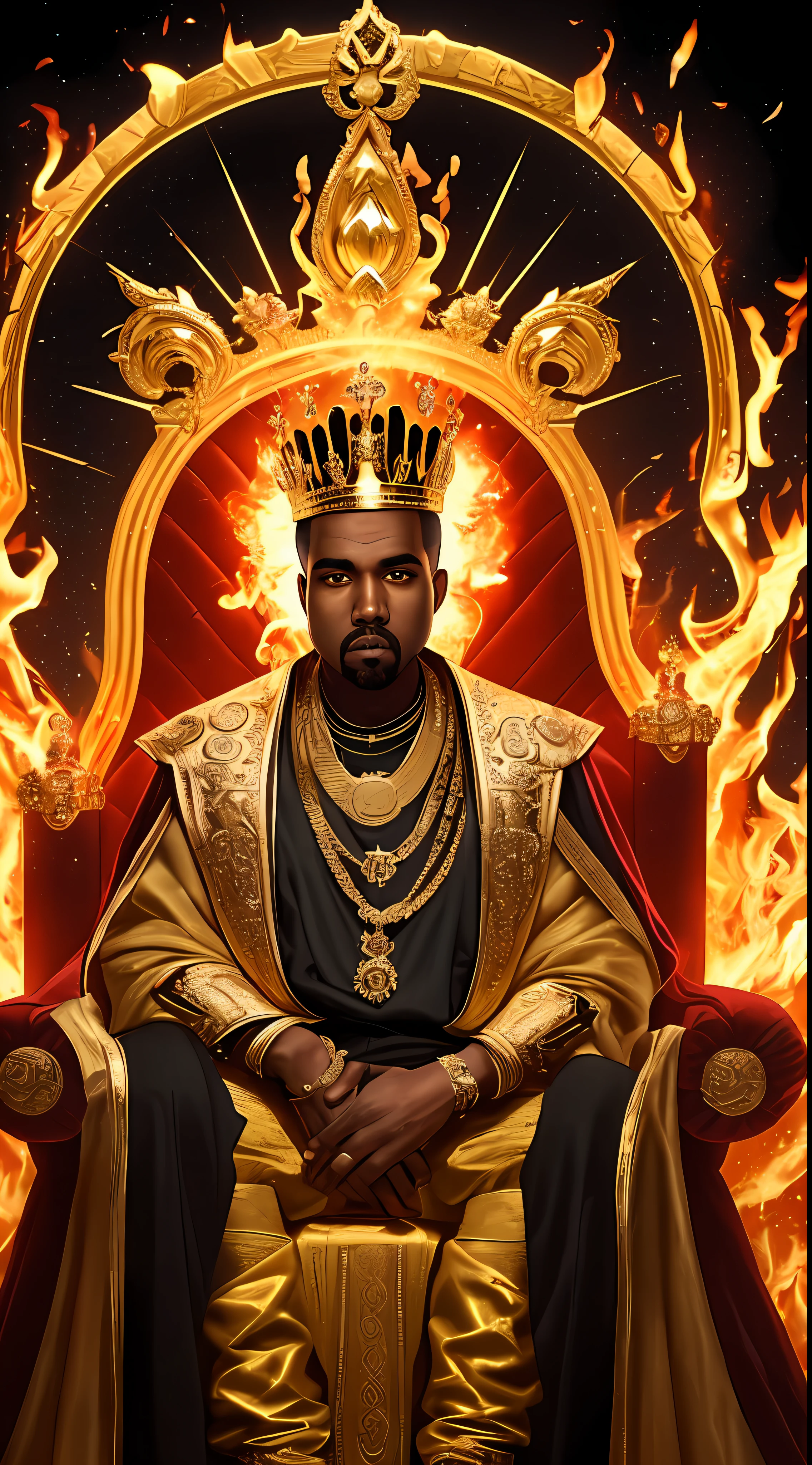 A royale kanye west full boby, galaxy background, 3D magical, full resolution RTX style with flaming eyes sitting on a throne, with a king's crown, captured through Photography with a 35mm lens. Inspired by the art of National Geographic photographers, the scene depicts the majestic kanye west, majestic and powerful. The color temperature is warm, with golden tones enhancing the grandeur of kanye west. Kanye West's eyes burn with intense flames, emanating a sense of authority and dominance. The lighting casts dramatic shadows, creating a captivating, symmetrical, full body, big angle, rtx atmosphere
