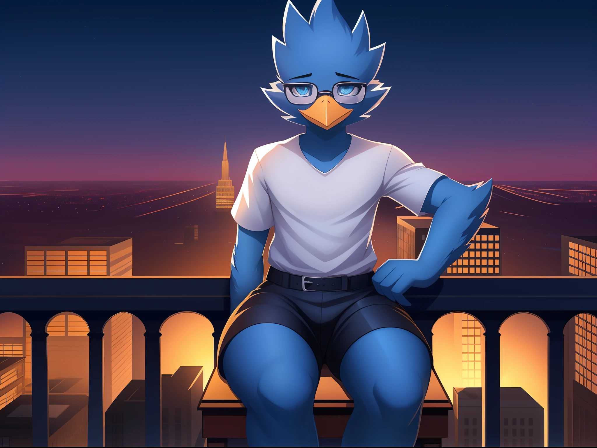 Berdly from Deltarune, solo, perfect face, perfect eyes, detailed eyes, wearing glasses, glasses, male, avian, bird, blue body, white shirt, short sleeves, thick thighs, wide hips, black shorts, bird tail, sitting, curvy, absurderes, looking at you, from above, legs closed,ultra-detail、 Berdly, apartment porch, Captures a wide field of view with a uniquely curved perspective。Faraway view 、Soft light、Evening glow、Panoramic cityscape、Dramatic skyline、Create an elevation-sensitive rooftop view in an urban setting、Creates a cohesive and visually stunning whole