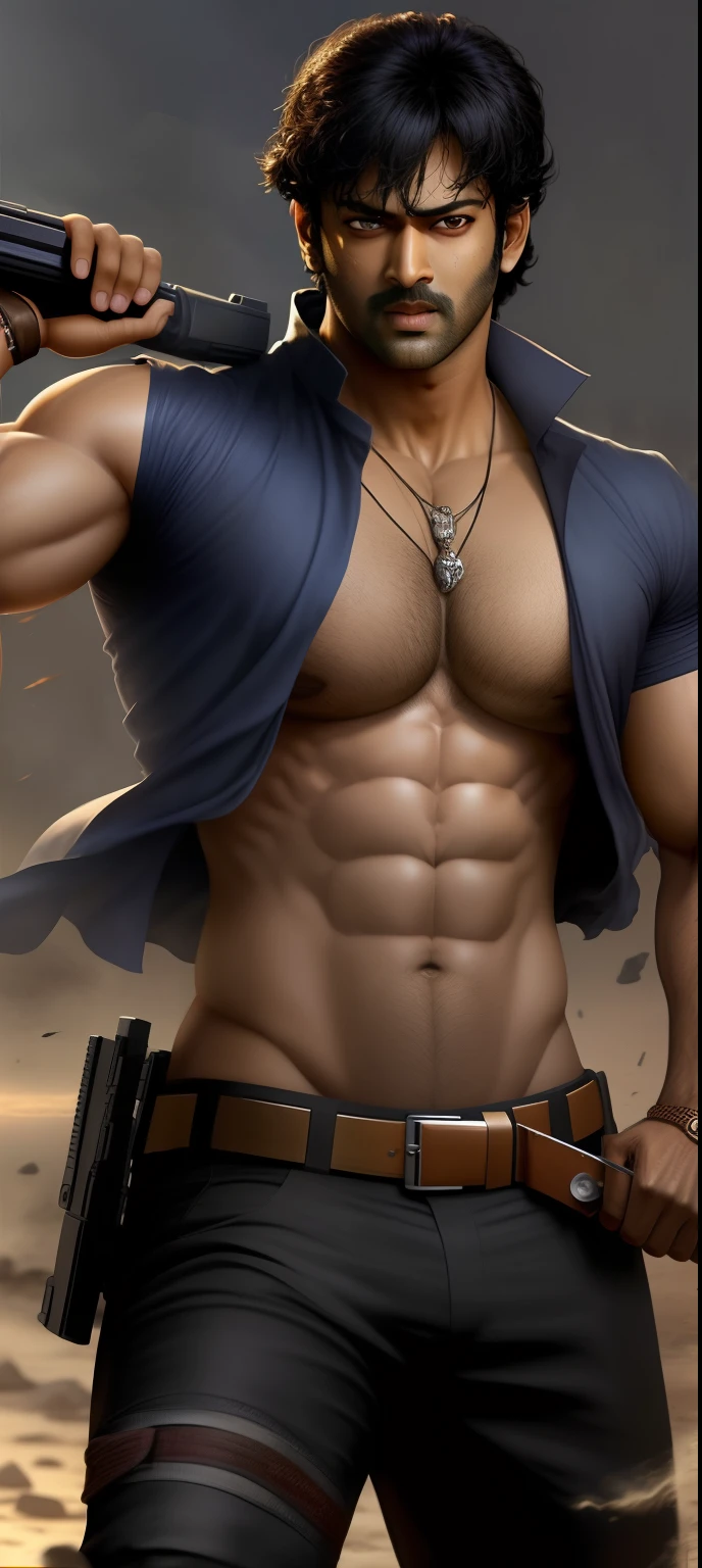 prabhas,add six pack, body, handsome, fighting background,add gun's, realistic face, ultra realistic