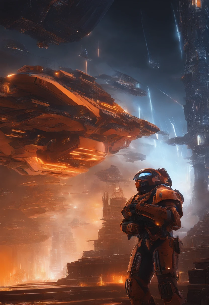 Espace marine astartes, Warhammer40k, dim sky, Orange lighting, Chuva,lightnings, hyper realistic, altamente detalhado,8k