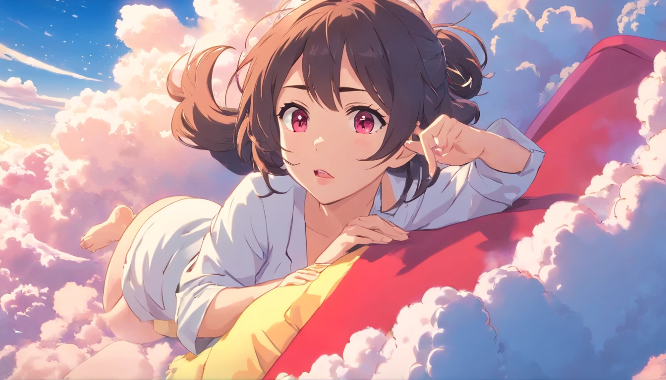 comic strip, mesmerising mature woman lying on beautiful fluffy clouds in the sky, tall woman, (adult woman:1.4), (mature face:1.4), red lipstick, make-up, hugrlr breast, On thick clouds such as marshmallows, Pink pajamas, Detail enhancement, 8K, super-fine, concept-art, number art
