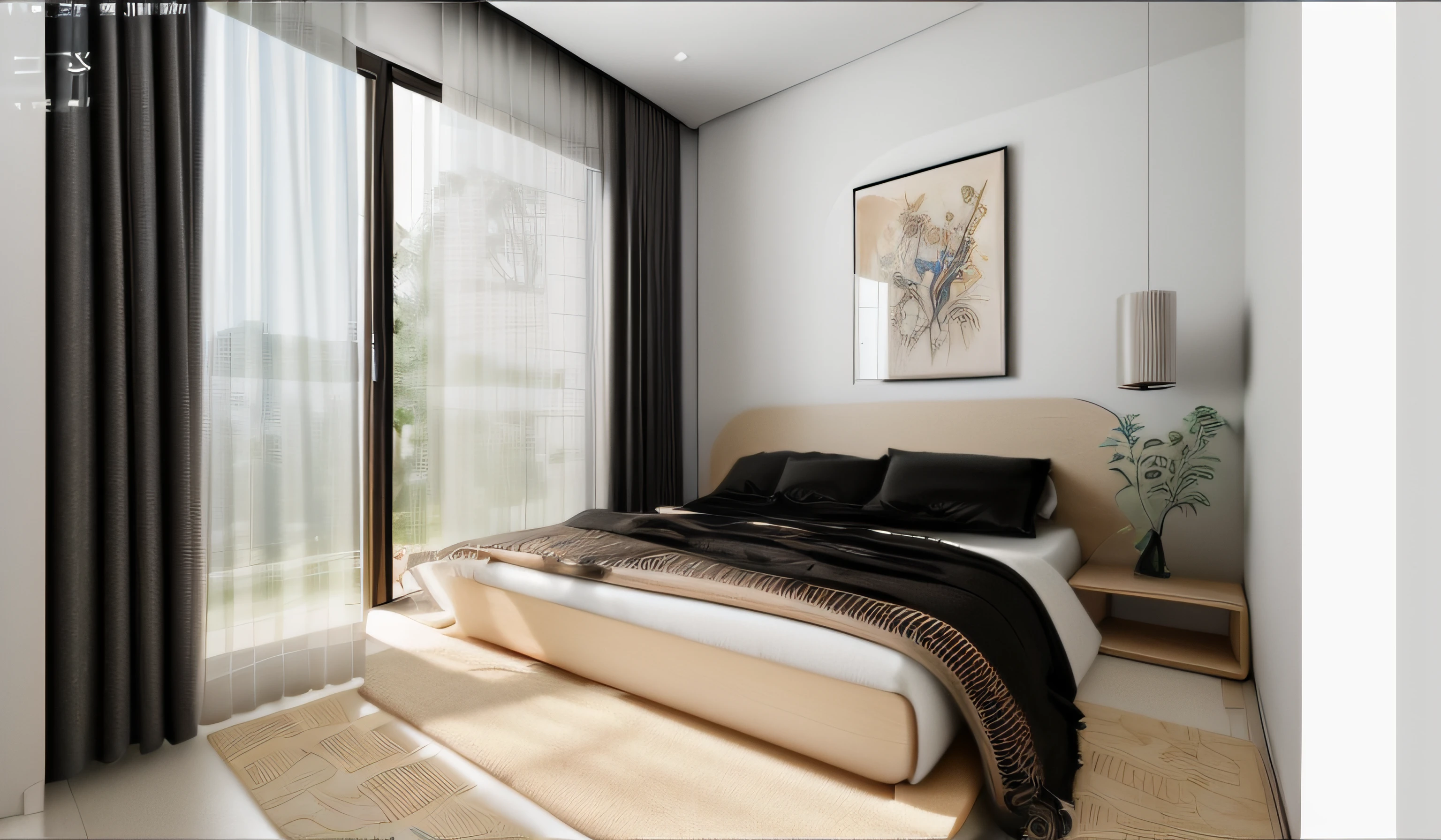 RAW photo, Masterpiece, high quality, best quality, authentic, super detailed, glossy indochina black furniture), minimalist architecture, minimalist bedroom, couch, table, carpet, shelf tv, 1 solid wood door:1.4,((laminated plaster,))), day light)), natural light fromt glass door, archdaily architecture, (high detail: 1.2), 8k uhd, dslr, soft light, high quality, film grain, Fujifilm XT3