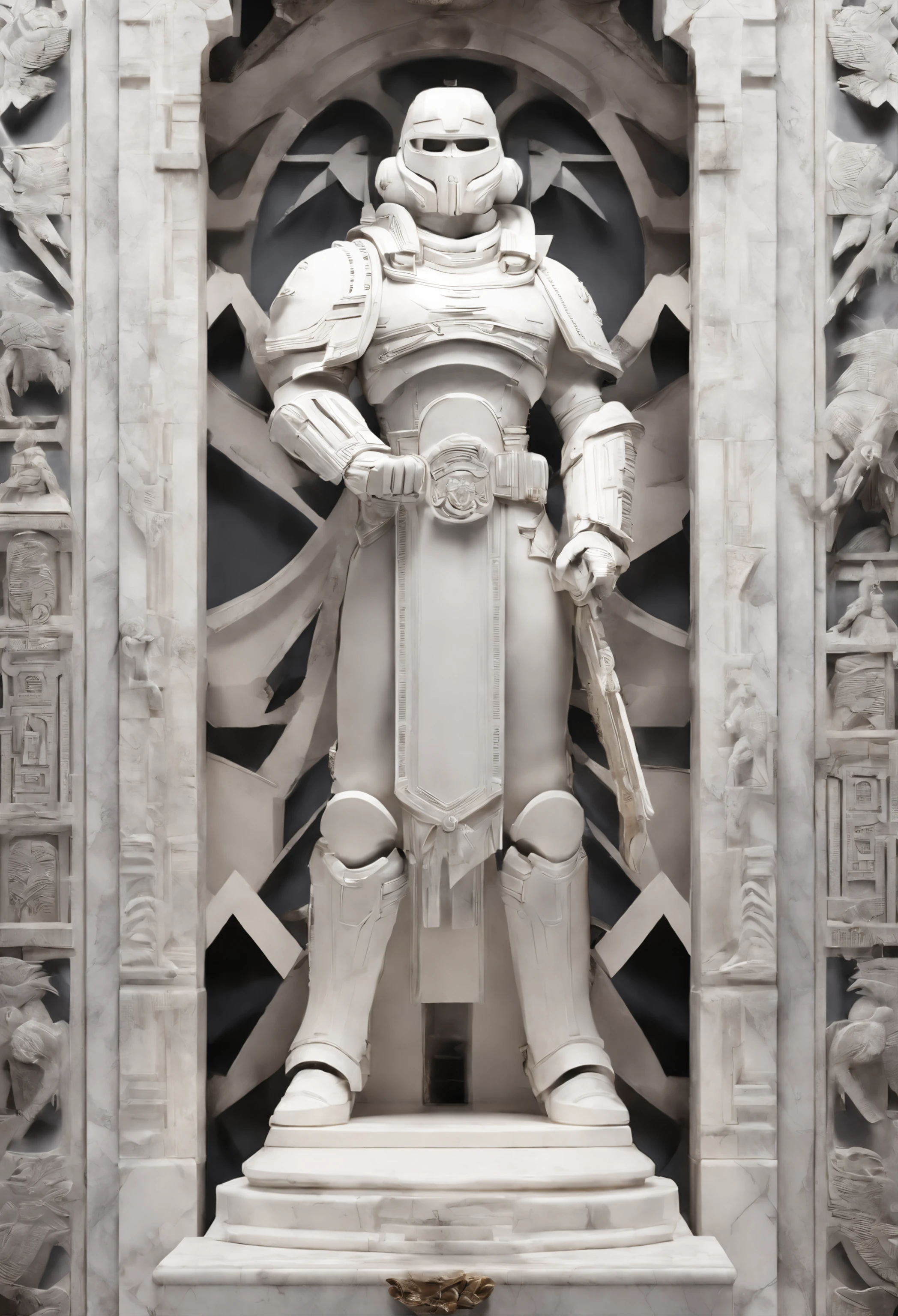 White marble statue of space marine astartes Warhammer40k,atmosfera escura, alto contraste de luz e sombra, fotografia profissional, utrarealista, light volumetric, cinemactic
