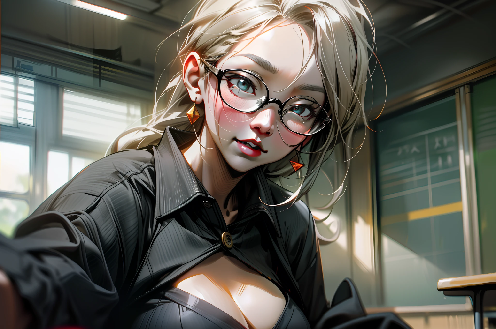 In the classroom,The teacher is lecturing the students,Gray-haired old teacher,Asian people,wears glasses,closeup cleavage,sharp focus on eyes,8K,super-fine,oil painted,Hyper-realistic,best qualtiy