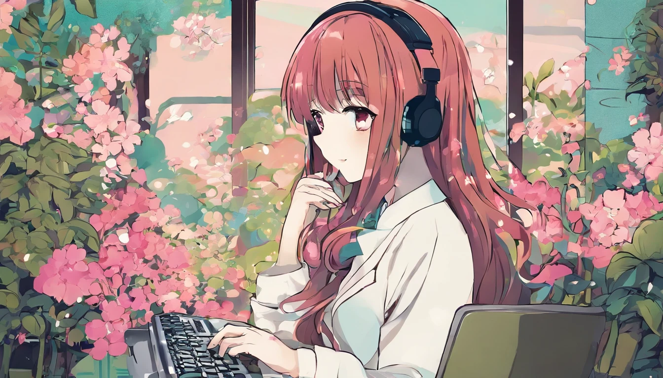 olhando para o computador, mulher, fone de ouvido, quarto, flores, lofi , sentada estudando e olhando para o computador, fone de ouvido, flores