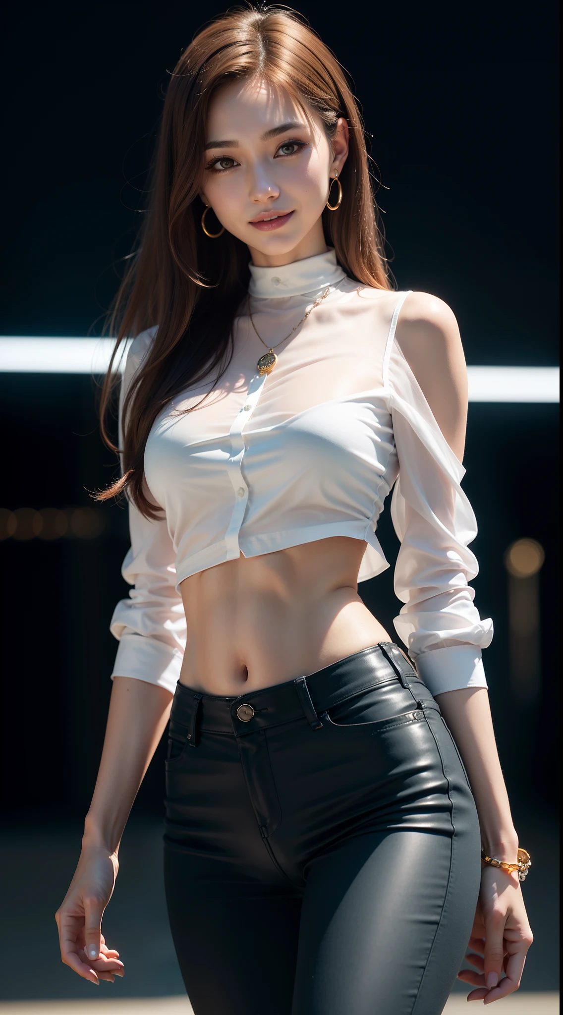 8k, masterpiece, RAW photo, best quality, photorealistic, extremely detailed CG unity 8k wallpaper, Depth of field, Cinematic Light, Lens Flare, Ray tracing, (extremely beautiful face, beautiful lips, beautiful eyes), intricate detail face, ((ultra detailed skin)) 1girl, in the dark, deep shadow, pretty asian girl, 1 girl, (very slim slender fit-muscled body:1.3), ((looking at viewer)),(big smile:1.3), (tight pants), (blue Jin pants), (midnight, dark night, (neon sign), (blurred background), dim light), (without people in the background:1.3), beautiful earrings, bracelets, necklace, pantyhose, clear eyes, walking , front shot, (pale skin), (big eyes), face forward, (full body shot), ((See through shirt)), (brown hairs), (laced shirt), (white blouse), (looking at viewer:1.3) very slim, medium breasts, (camel toe), thick thighs, turn back