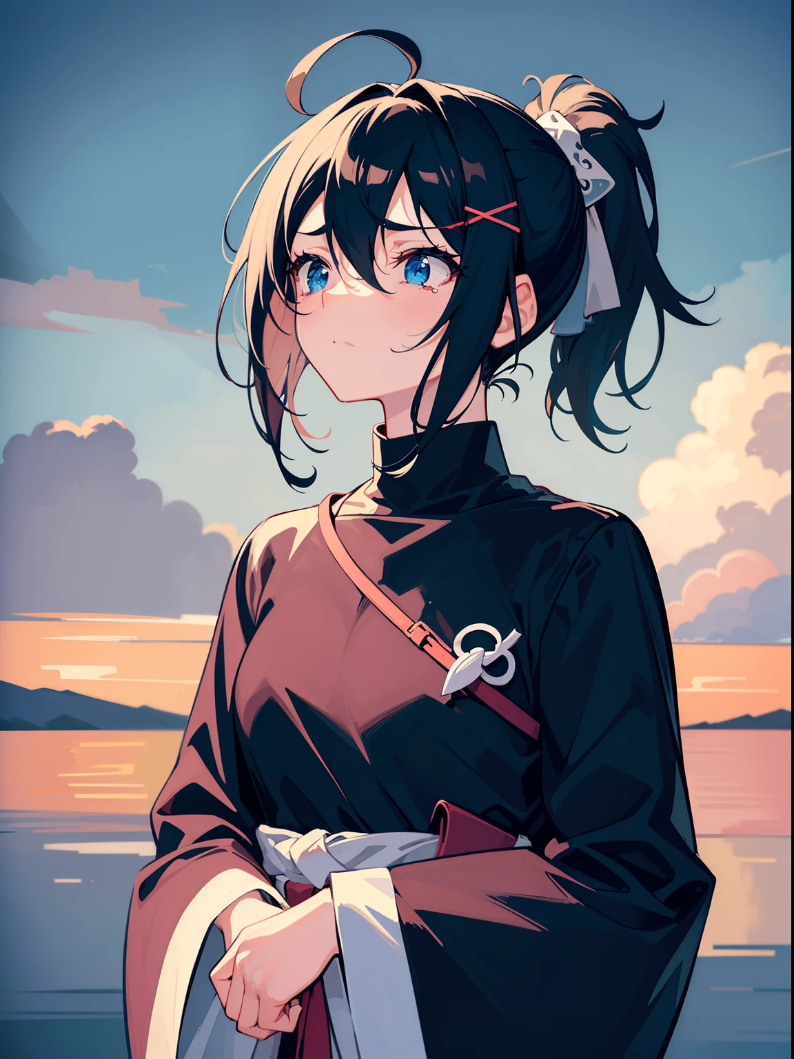 looks to the side, Looking into the distance, full bodyesbian, black hair, ponytail, floating hair, expressive hair, hairclip, x hair ornament, empty eyes, furrowed brow, sad, tearing up, sulking, frustrated, anime, anime style, anime style, 4K