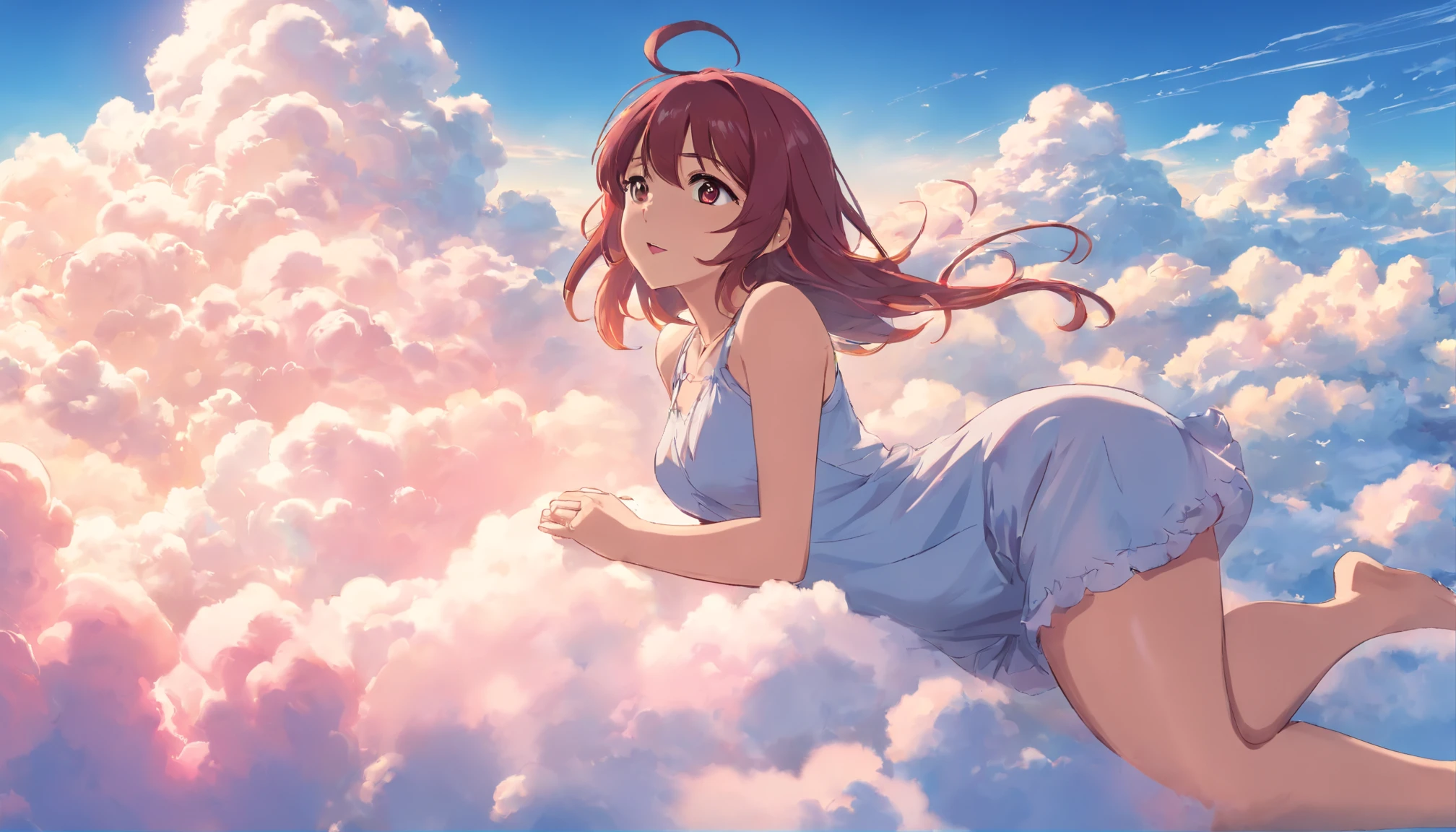 comic strip, mesmerising mature woman lying on beautiful fluffy clouds in the sky, tall woman, (adult woman:1.4), (mature face:1.4), red lipstick, make-up, hugrlr breast, On thick clouds such as marshmallows, Pink pajamas, Detail enhancement, 8K, super-fine, concept-art, number art