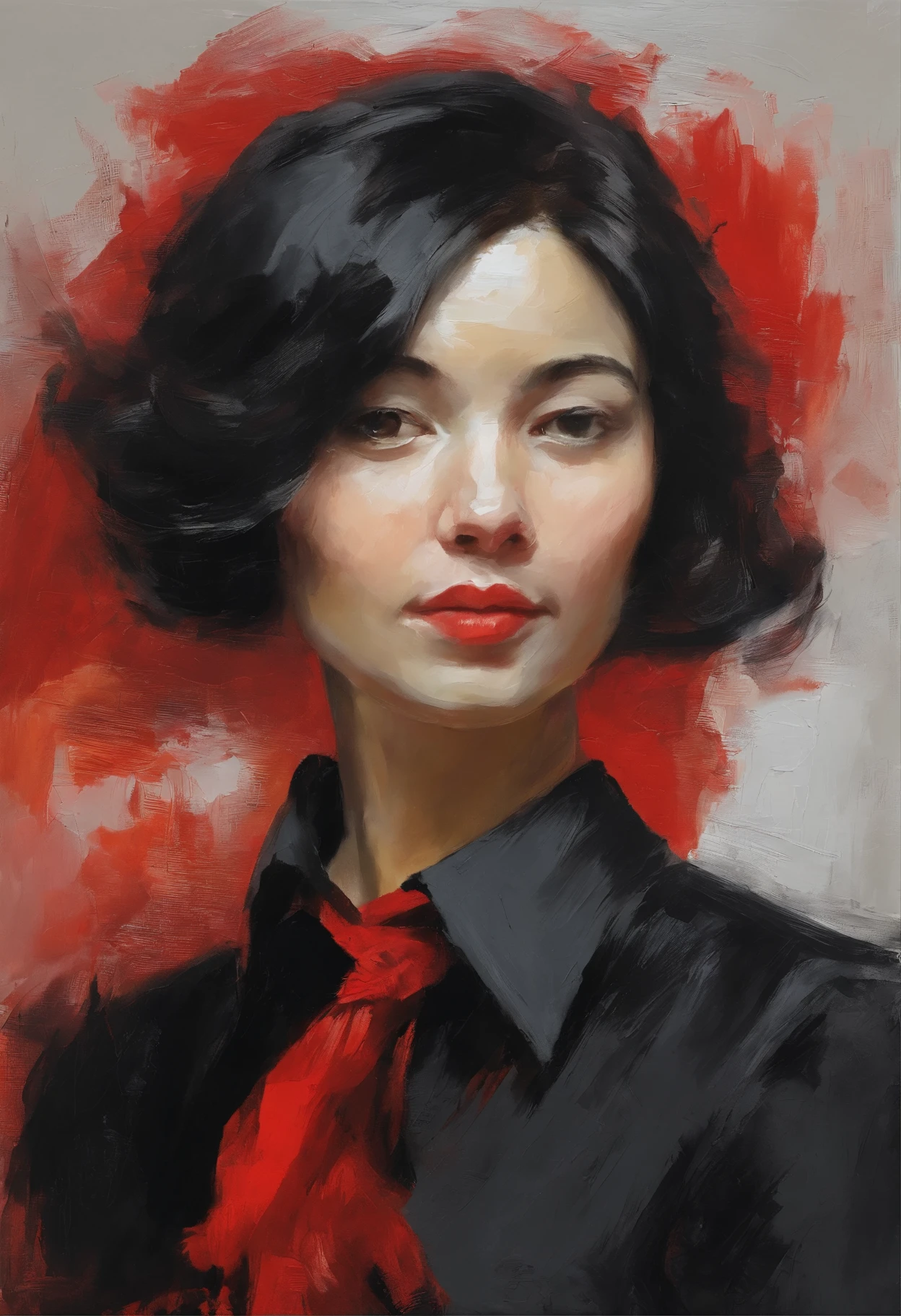(Red shirt, black necktie), Short Hair Hair, black hair, very detail, ((tmasterpiece, great quality)), a 1girl, 独奏, close up face, bust, European face,