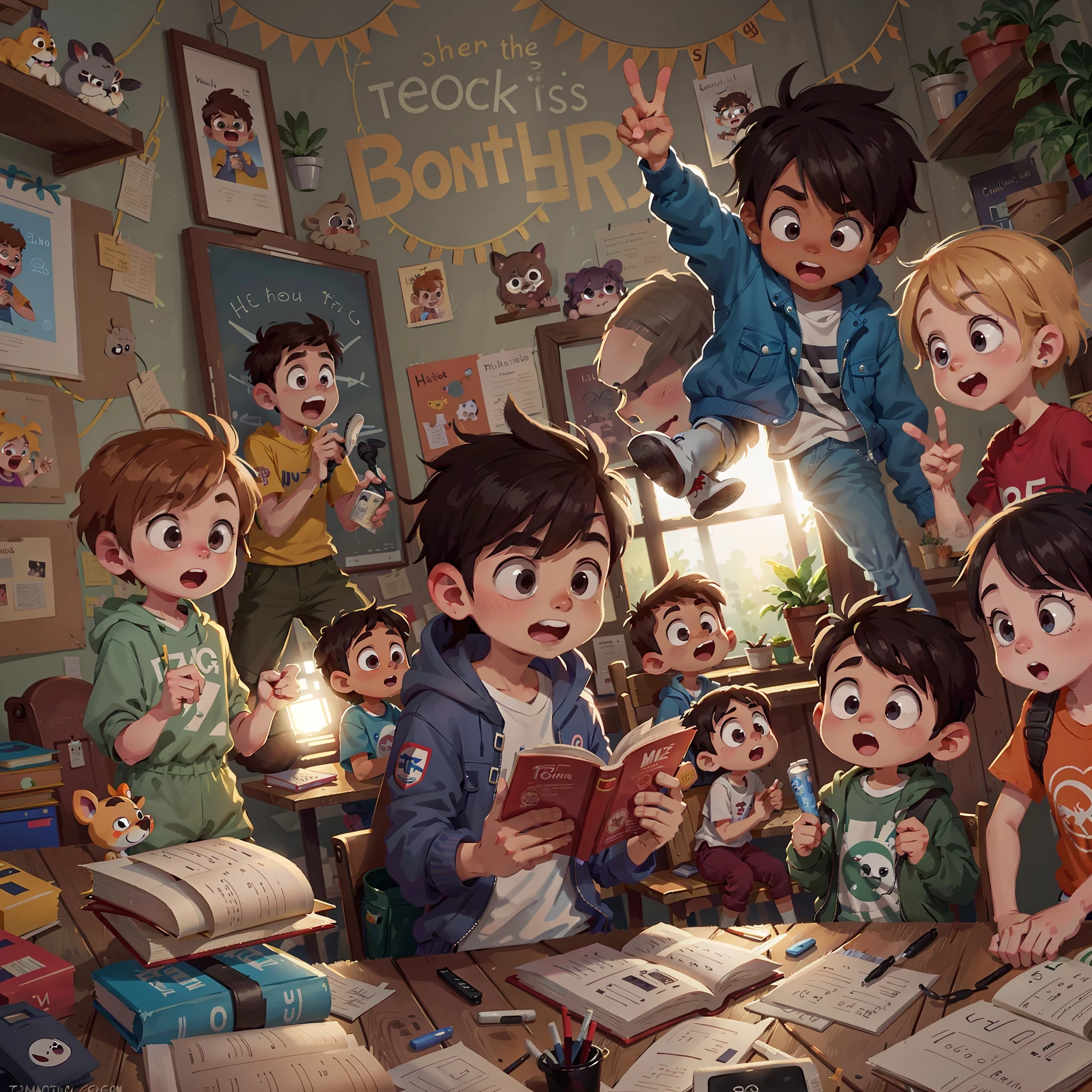 There is a cartoon image of a group of children talking, Ultra HD |, best quality, alta qualidade,