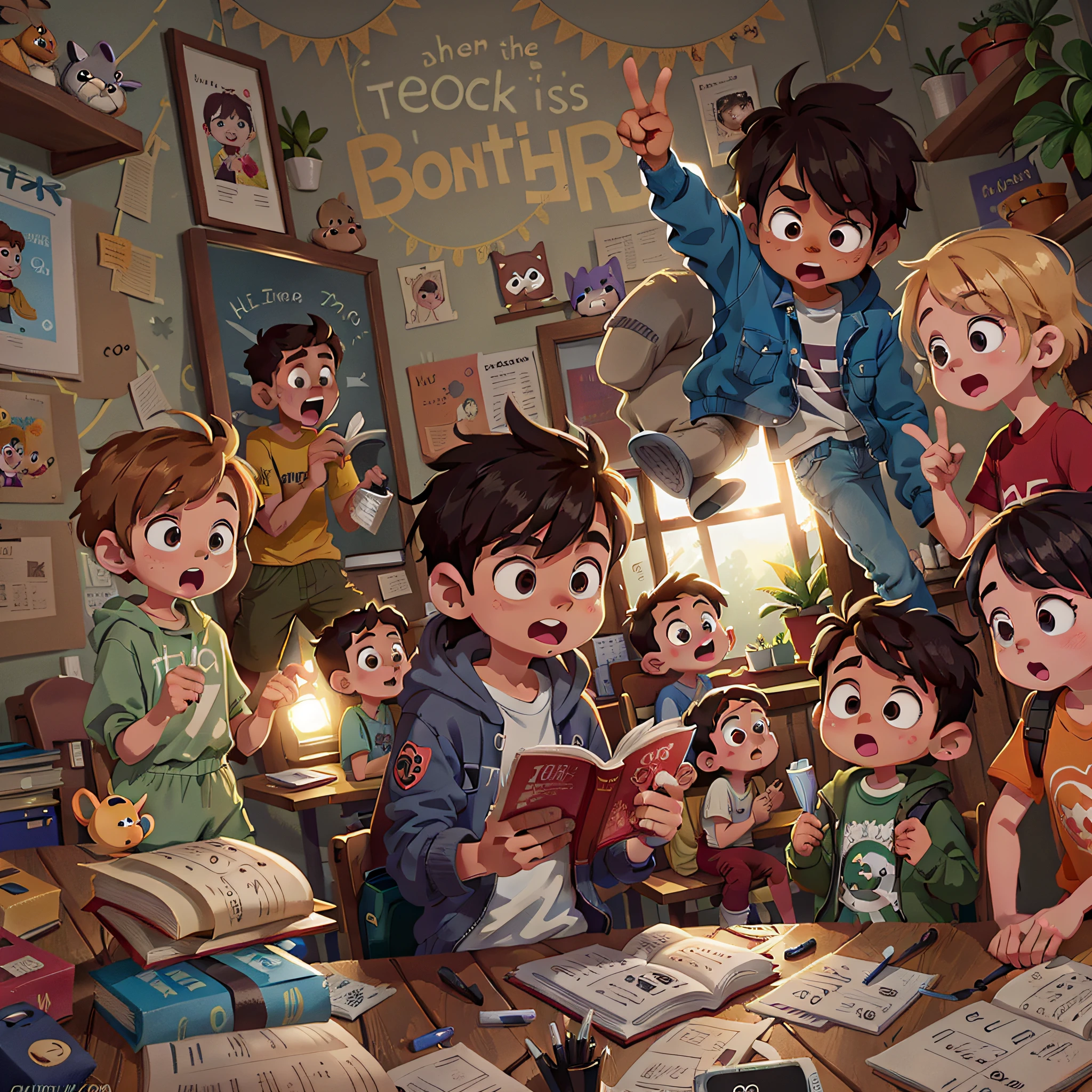 There is a cartoon image of a group of children talking, Ultra HD |, best quality, alta qualidade,