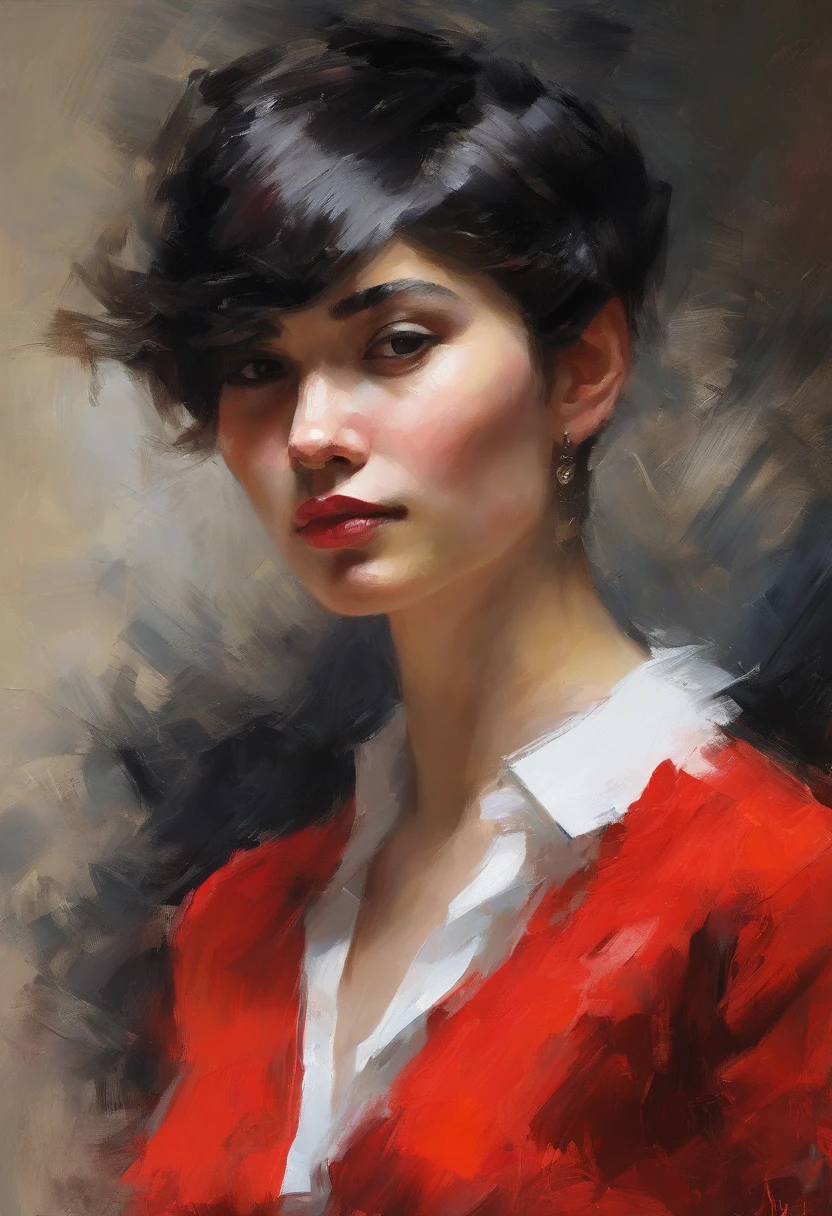 (Red shirt, black necktie), Short Hair Hair, black  hair, very detail, ((tmasterpiece, great quality)), a 1girl, 独奏, close up face, bust, European face,