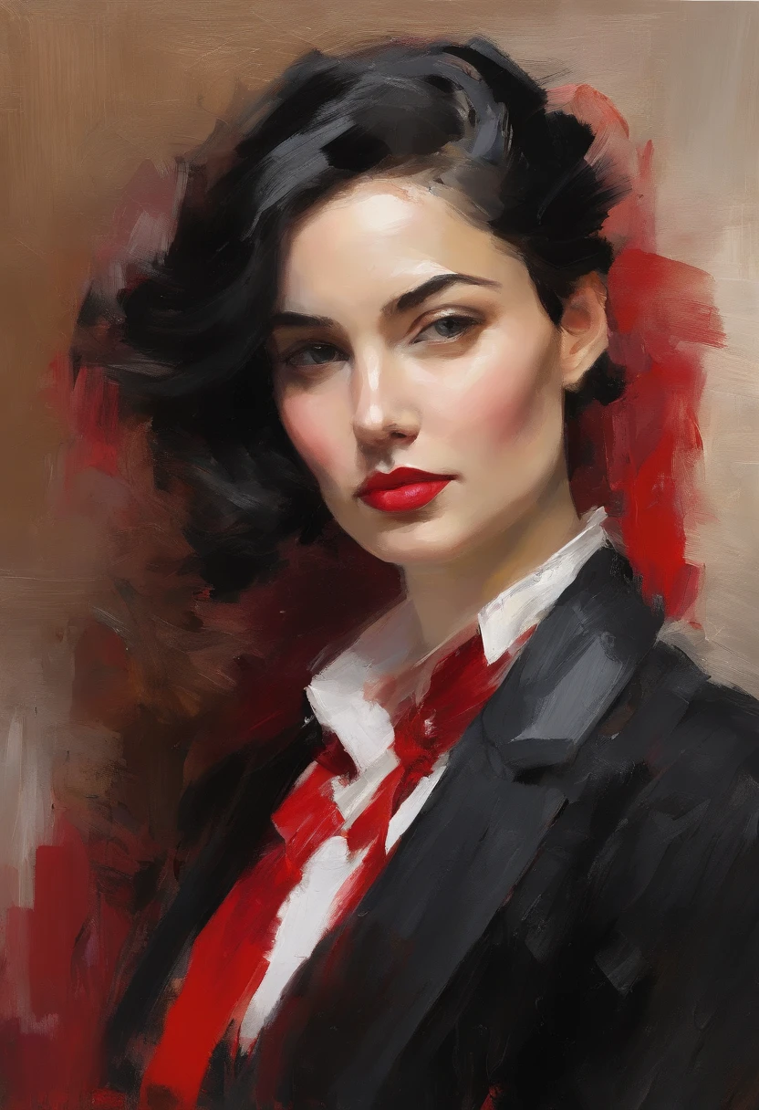 (Red shirt, black necktie), Short Hair Hair, black hair, very detail, ((tmasterpiece, great quality)), a 1girl, 独奏, close up face, bust, European face,