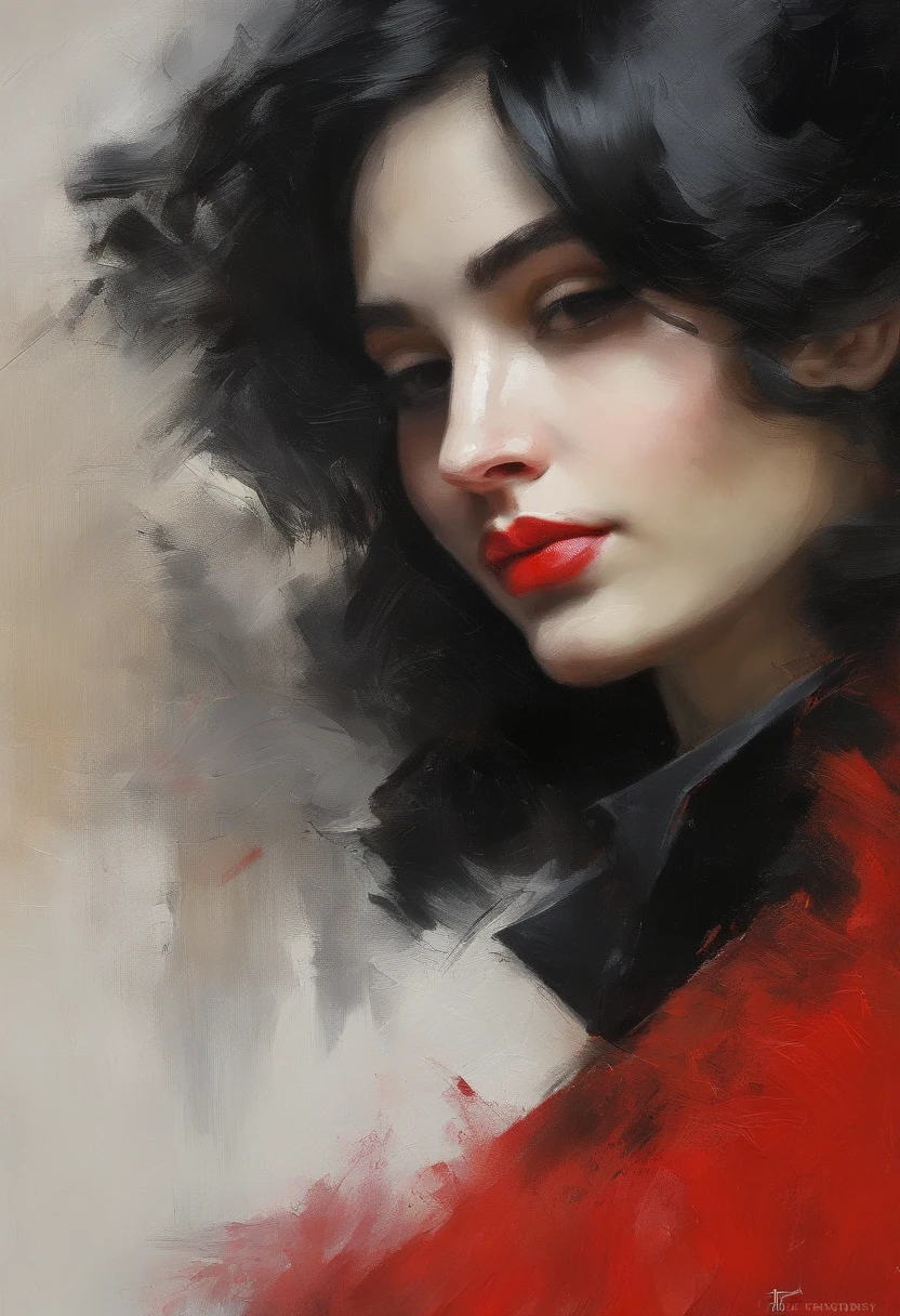 (Red shirt, black necktie), Short Hair Hair, black hair, very detail, ((tmasterpiece, great quality)), a 1girl, 独奏, close up face, bust, European face,