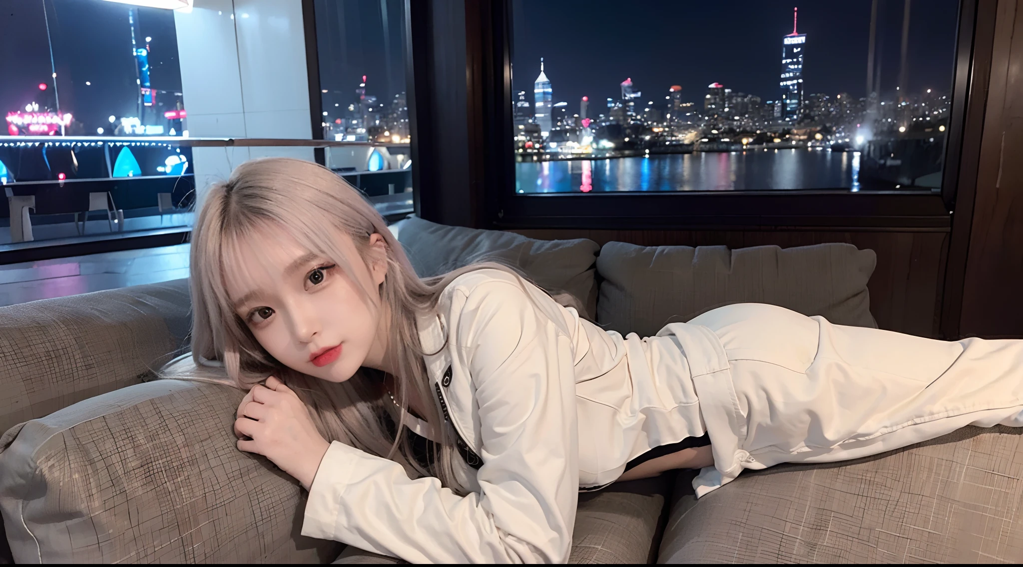 (((Lying on the couch)))，lucy \(Cyberpunk\), 1girll, hair scrunchie, hime-cut, Silver hair, colored tips, full moon, With gray eyes, Jacket, Long sleeves, view the viewer, Medium hair, O cabelo multicolorido, Bangs separated, lips parted, A pink-haired, Portrait, Red eyeliner, Redlip, Solo, White jacket, cyber punk perssonage\(Series\), Rainy night in neon-lit cyberpunk city，(A half body，中景 the scene is，Dew right shoulder)