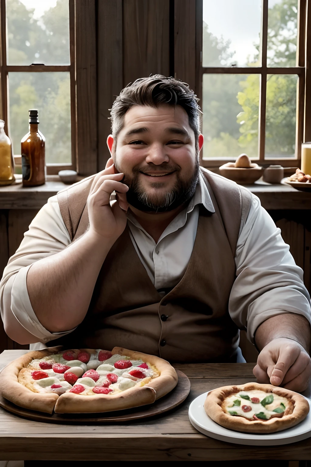 Capture a scene that vividly portrays the indulgence and gluttony of a rotund man. The man is seated at a rustic farmhouse table in a cozy kitchen flooded with soft, warm sunlight streaming in through a window. The atmosphere exudes the charm of a rustic farmhouse, with weathered wooden furniture and a homely ambiance.The central focus of the scene is the delightfully plump man who's gazing with unabashed happiness at the feast laid out before him. The table is adorned with an extravagant spread, including pizza slices, fresh bread, a variety of beverages, cakes, and pastries. His hands eagerly reach for another slice of pizza, his face aglow with pure satisfaction.The lighting from the window casts soft, natural shadows, enhancing the depth and realism of the scene. The background should be intentionally blurred to accentuate the man and his feast, creating a striking visual contrast.The illustration should be ultra-realistic and hyper-detailed, capturing every nuance of the man's expression, the textures of the food, and the rustic details of the kitchen. Viewers should be able to appreciate the sheer joy on the man's face and the tempting allure of the food.The rendering should be ultra-fine, with an 8K resolution, ensuring that every detail is crystal clear, making the illustration incredibly lifelike.This scene encapsulates the theme of indulgence and gluttony in a warm and inviting farmhouse setting, telling a story through the man's expression and the abundance of food.