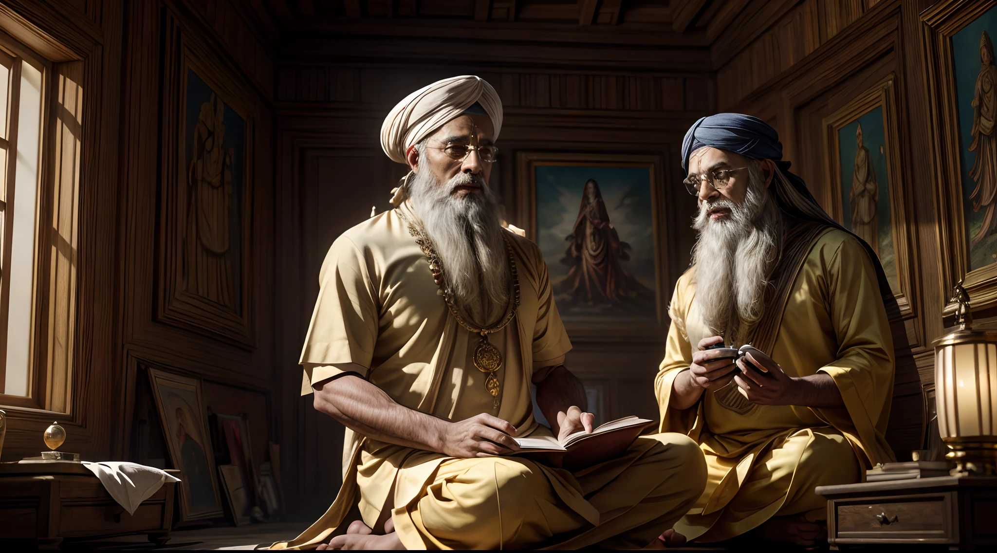 Teacher teaching students engrossed in Indian Gurukul teachings, surrounded by vivid mythological illustrations, in an ethereal setting. The visual masterpiece captures the essence of tradition, spirituality, and ancient wisdom. (best quality,4k,8k,highres,masterpiece:1.2), ultra-detailed, (realistic,photorealistic,photo-realistic:1.37), HDR, UHD, studio lighting, ultra-fine painting, sharp focus, physically-based rendering, extreme detail description, professional