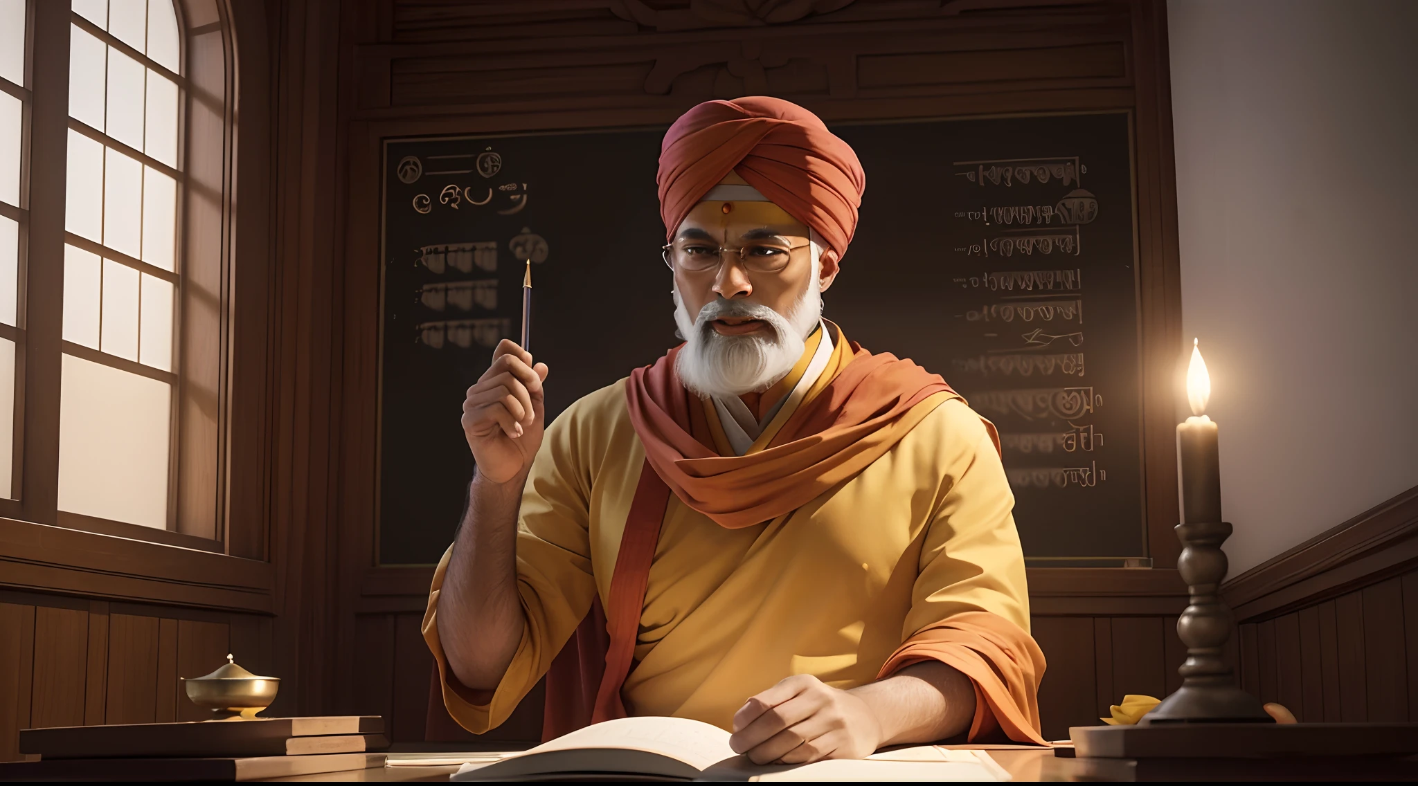 (Teacher teaching students engrossed in Indian Gurukul teachings:1.5), surrounded by vivid mythological illustrations, in an ethereal setting. The visual masterpiece captures the essence of tradition, spirituality, and ancient wisdom. (best quality,4k,8k,highres,masterpiece:1.2), ultra-detailed, (realistic,photorealistic,photo-realistic:1.37), HDR, UHD, studio lighting, ultra-fine painting, sharp focus, physically-based rendering, extreme detail description, professional