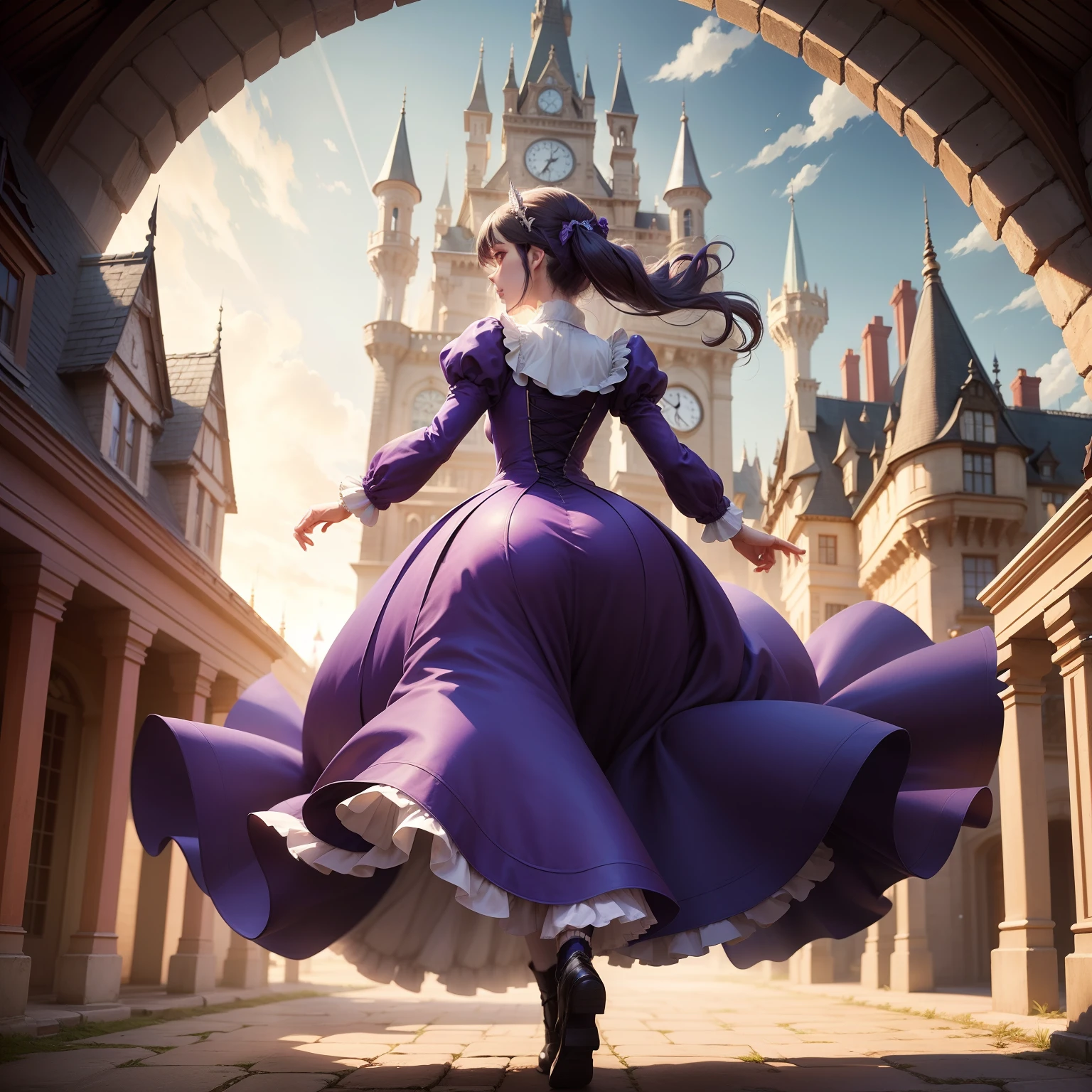 Anime character princess running away from her castle, princess with long purple bair, anime style artwork manga artwork big castle victorian time victorian clothes