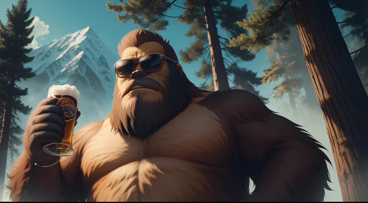 Bigfoot with sunglasses and a beer in hand , ( sasquatch, sasquatch, bigfoot wearing sunglasses, angry sasquatch, stunning sasquatch, bigfoot, gritty!!!, it, mascot illustration,