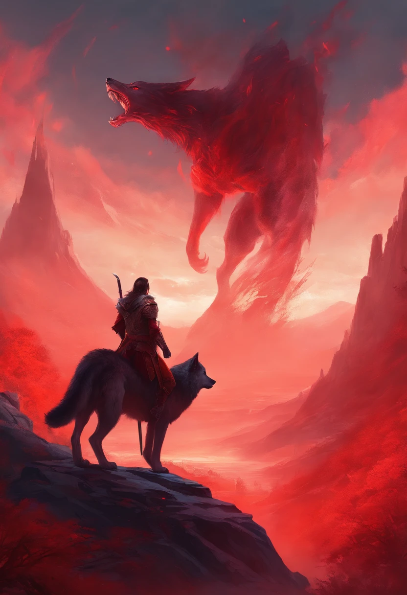 a man with a sword in his hand looks at a giant wolf beast, the sword emits red smoke, mountains