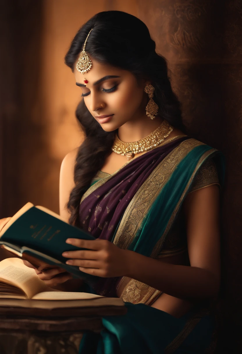 Saree, blonde young Indian girl, 18-year-old, black top, gentle lighting, reading a book, intricate facial details, flawless complexion, top-notch 3D rendering, hyper-realistic