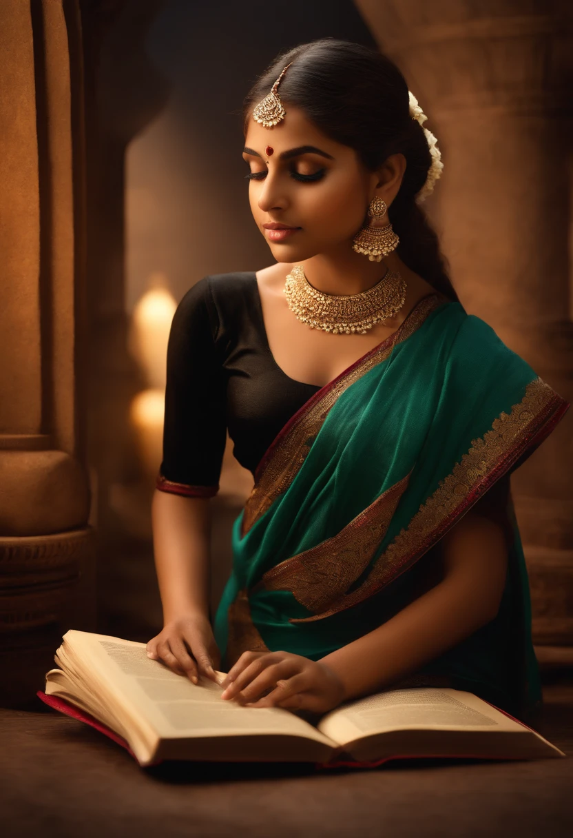 Saree, blonde young Indian girl, 18-year-old, black top, gentle lighting, reading a book, intricate facial details, flawless complexion, top-notch 3D rendering, hyper-realistic
