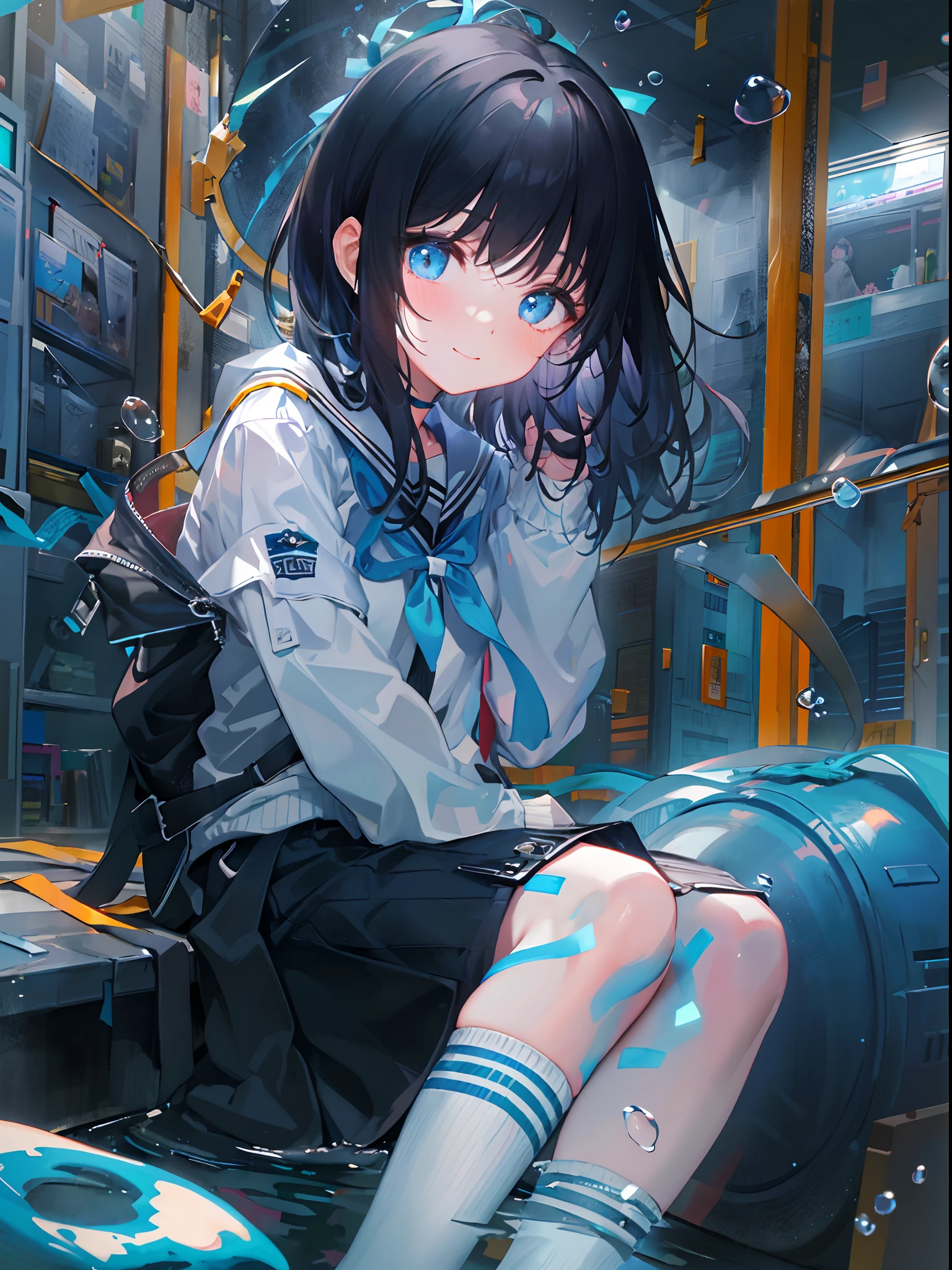 ((top-quality)), ((​masterpiece)), ((ultra-detailliert)), (extremely delicate and beautiful), girl with, 独奏, cold attitude,((Black jacket)),She is very(relax)with  the(Settled down)Looks,A dark-haired, depth of fields,evil smile,Bubble, under the water, Air bubble,bright light blue eyes,Inner color with black hair and light blue tips,Cold background,Bob Hair - Linear Art, shortpants、knee high socks、White uniform like school uniform、Light blue ribbon ties、Clothes are sheer、Hands in pockets