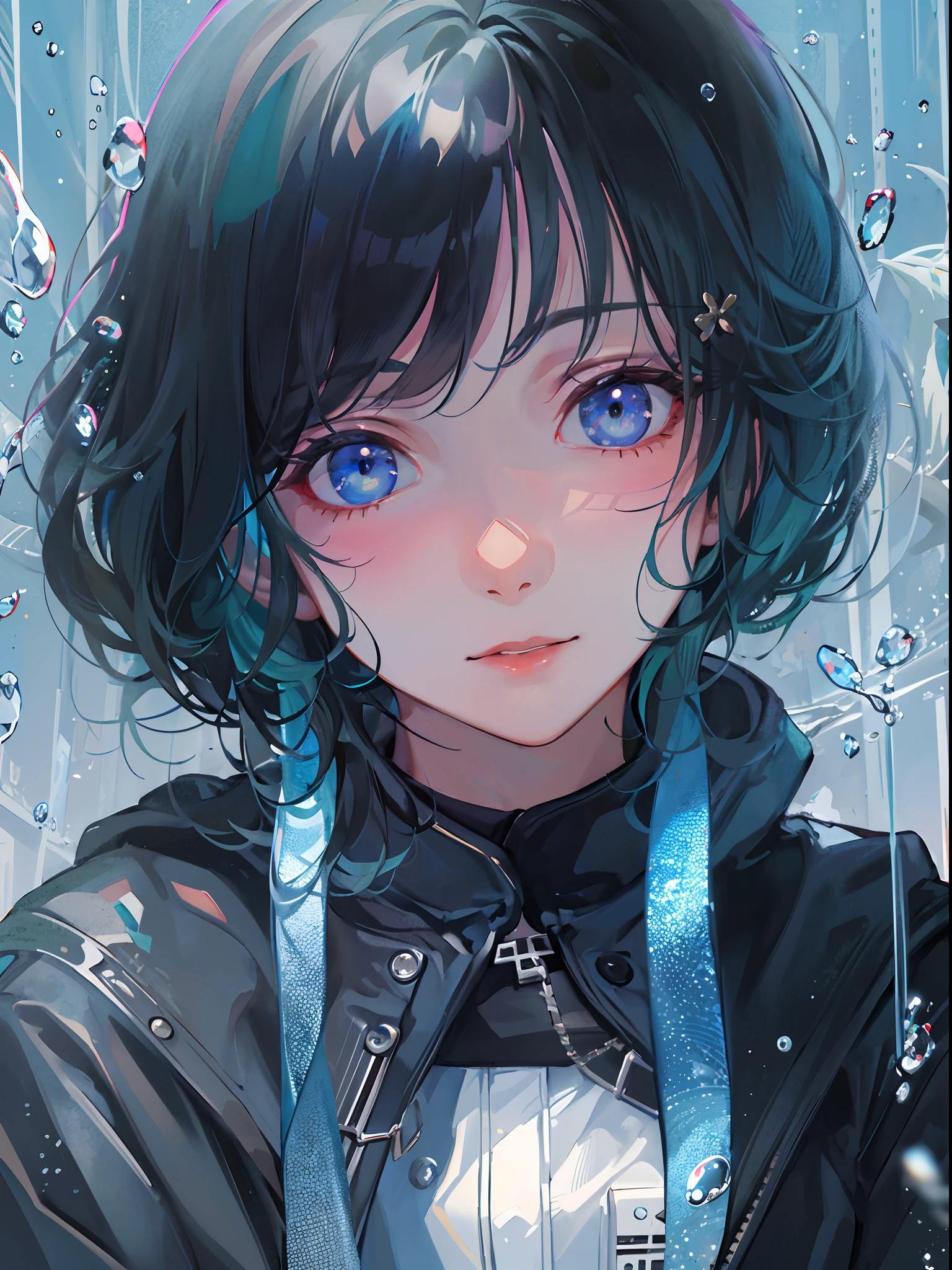 ((top-quality)), ((​masterpiece)), ((ultra-detailliert)), (extremely delicate and beautiful), girl with, 独奏, cold attitude,((Black jacket)),She is very(relax)with  the(Settled down)Looks,A dark-haired, depth of fields,evil smile,Bubble, under the water, Air bubble,bright light blue eyes,Inner color with black hair and light blue tips,Cold background,Bob Hair - Linear Art, shortpants、knee high socks、White uniform like school uniform、Light blue ribbon ties、Clothes are sheer、Hands in pockets