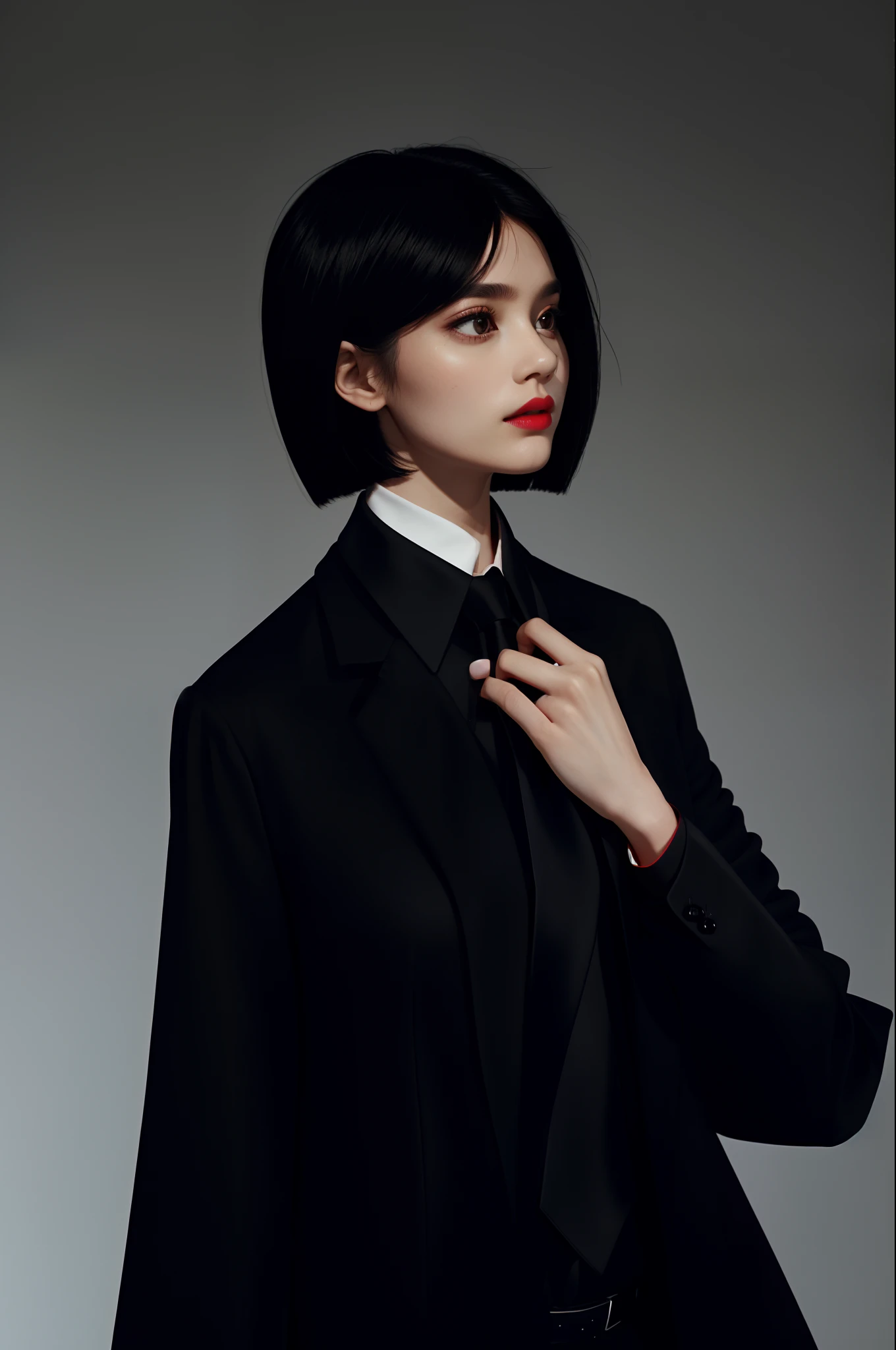 a 1girl, body complet, very detail, a lot of details, very extremely beautiful,  ((tmasterpiece)), (short neck-length hair), ((black necktie, Red long-sleeved shirt, black coat)), bright colours, looks into the distance,