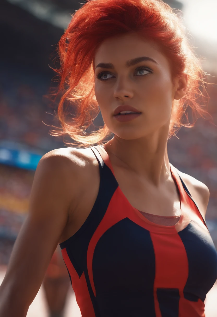8K,extremely delicate and beautiful girl,perspiring, Longhaire, asymmetrical bangs, poneyTail, red hairs,dishevled hair, bright skin,Red jersey,Marathon runner,Stadium