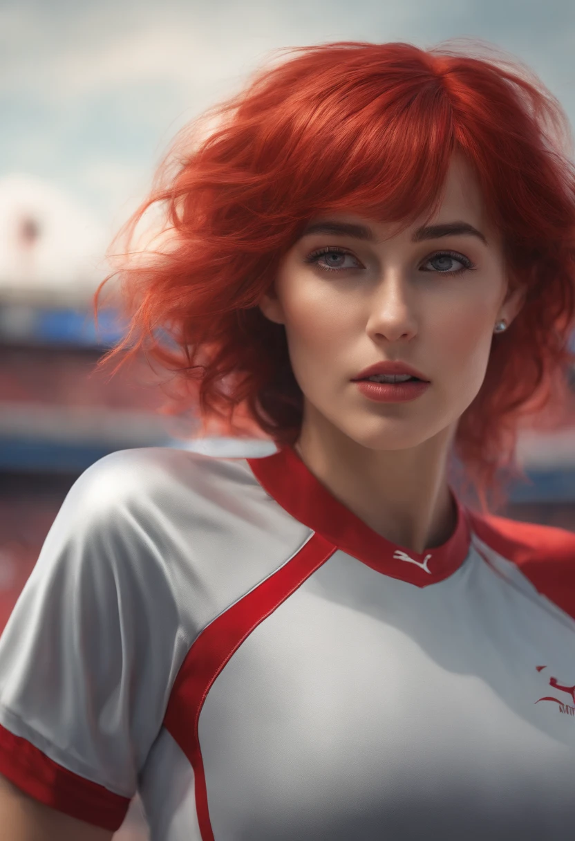 8K,extremely delicate and beautiful girl,perspiring, Longhaire, asymmetrical bangs, poneyTail, red hairs,dishevled hair, bright skin,Red jersey,Marathon runner,Stadium