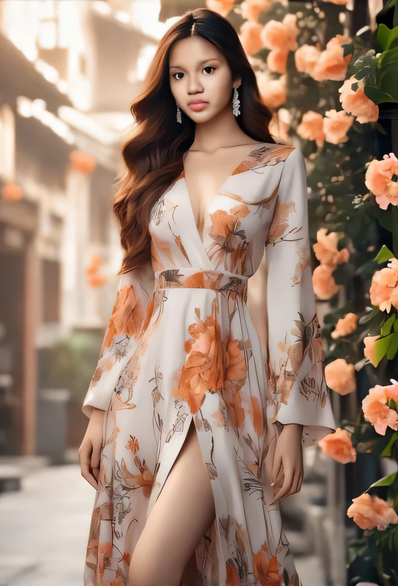 a woman in a long dress standing in front of a flowery wall, usando um longo vestido florido, vestido com um vestido de flor, senhora com vestido de flores brilhantes, usando um vestido elegante, vestido flor, vestido aberto, Flowing dress, Wearing a flowing dress, roupas florais, Mai Anh Tran, vestido florido, vestido com roupas longas e fluentes, mulher no vestido