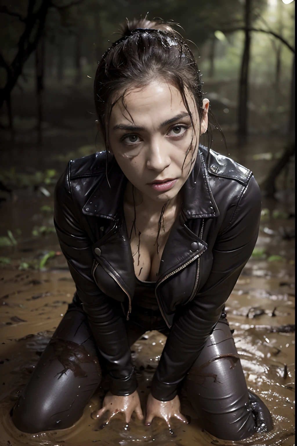 Tormented by lust, Woman in lust-soaked jeans, A tight blouse and leather jacket were caught off guard in the woods at night, indulging in his sexual fetish of drowning in a swamp. Lust causes her to drown in a swamp. Her face is haggard and dehydrated. She is perplexed and looks around in fright. There is pitch darkness all around, The light only comes from the camera's flash.

TAGS: night time, blurred background, (First-person selfie for Instagram:1.7), (Darkness around:1.6), (Light only from the camera:1.6). woods, The woman, (Tormented by lust:1.4), (In lust-soaked jeans), leather jacket, in blouse wearing, swamp, (drowning in a swamp), (Drowning in a muddy swamp up to his thighs:1.8), (Sexual fetish:1.3), fright, stunned, Looking around. (emaciated face:1.6), (dehydrated face:1.6), (swelling of the face:1.6), (Short hair gathered in a ponytail:1.2), (Driving between the legs:1.4)