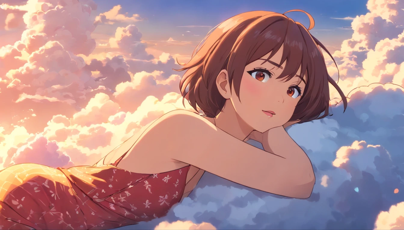 comic strip, mesmerising beautiful woman lying on beautiful fluffy clouds in the sky, tall woman, (adult woman:1.4), (beautiful face:1.4), red lipstick, make-up, huge breasts, pubic hair, On thick clouds such as marshmallows, t-shirt see-thru, visible, Detail enhancement, 8K, super-fine, concept-art, number art