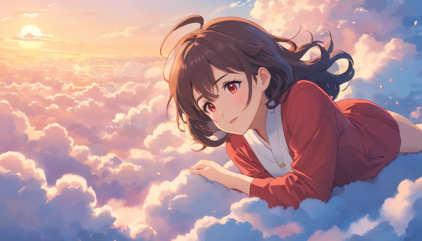 comic strip, mesmerising mature woman lying on beautiful fluffy clouds in the sky, tall woman, (adult woman:1.4), (mature face:1.4), red lipstick, make-up, huge breasts, On thick clouds such as marshmallows, adult pajamas, Detail enhancement, 8K, super-fine, concept-art, number art