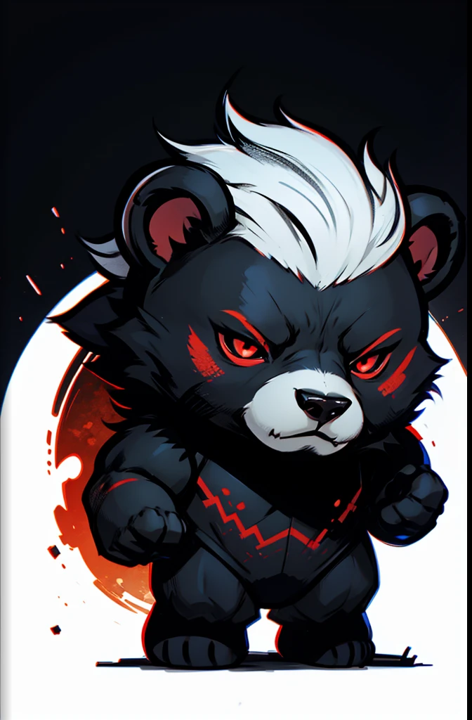 ung bear,warrior, chibi, anthropomorphic, white and black fur, big red eyes, simple dark background