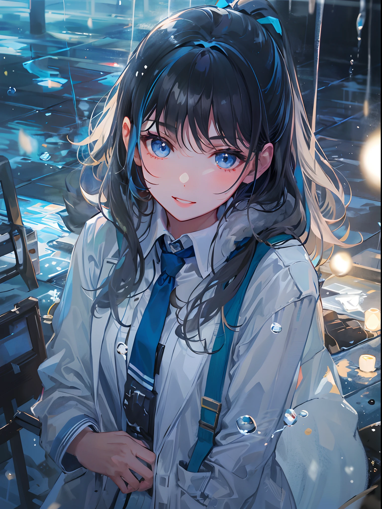 ((top-quality)), ((​masterpiece)), ((ultra-detailliert)), (extremely delicate and beautiful), girl with, 独奏, cold attitude,((Black jacket)),She is very(relax)with  the(Settled down)Looks,A dark-haired, depth of fields,evil smile,Bubble, under the water, Air bubble,bright light blue eyes,Inner color with black hair and light blue tips,Cold background,Bob Hair - Linear Art, a miniskirt、knee high socks、White uniform like school uniform、Light blue ribbon ties、Clothes are sheer、Hands in pockets、Ponytail hair