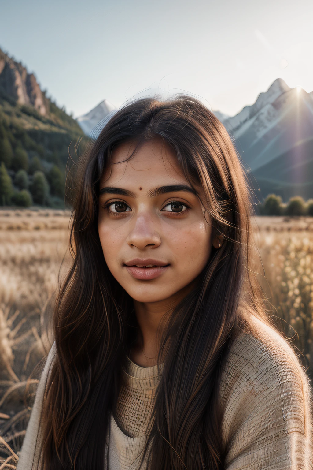 young Indian girl, fair complection, 18-year-old, green background, mountains ,village backgound ultra hd photo, happy , seductive looks, woman((upper body selfie,, masterpiece, best quality, ultra-detailed, solo, outdoors, (night), mountains, nature,, clear sky, analog style (look at viewer:1.2) (skin texture) (film grain:1.3), (warm hue, warm tone) 400 camera f1.6 lens rich colors hyper realistic lifelike texture